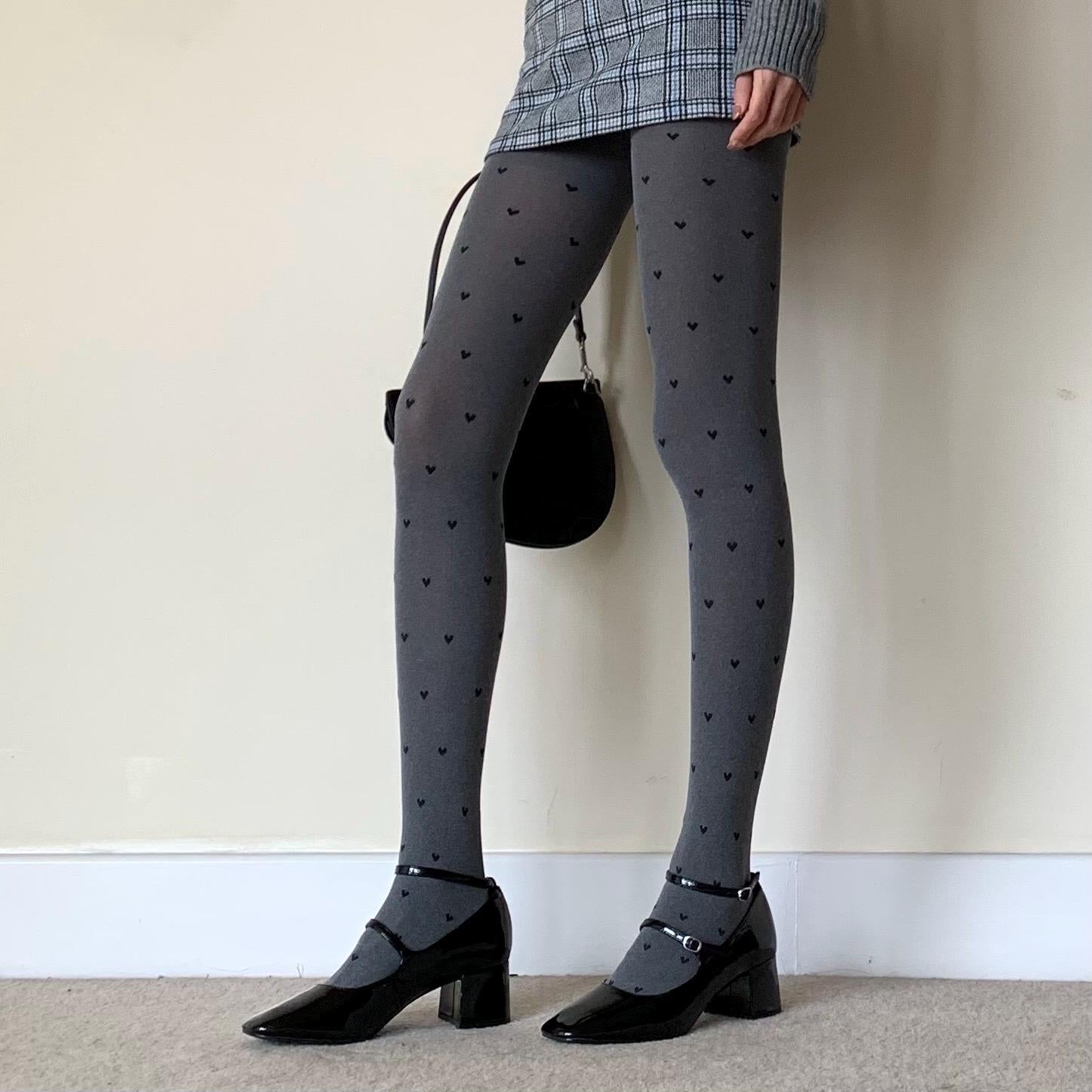 Grey Polka Dot with Heart Pattern Opaque Tights - Grey / One size - pantyhose