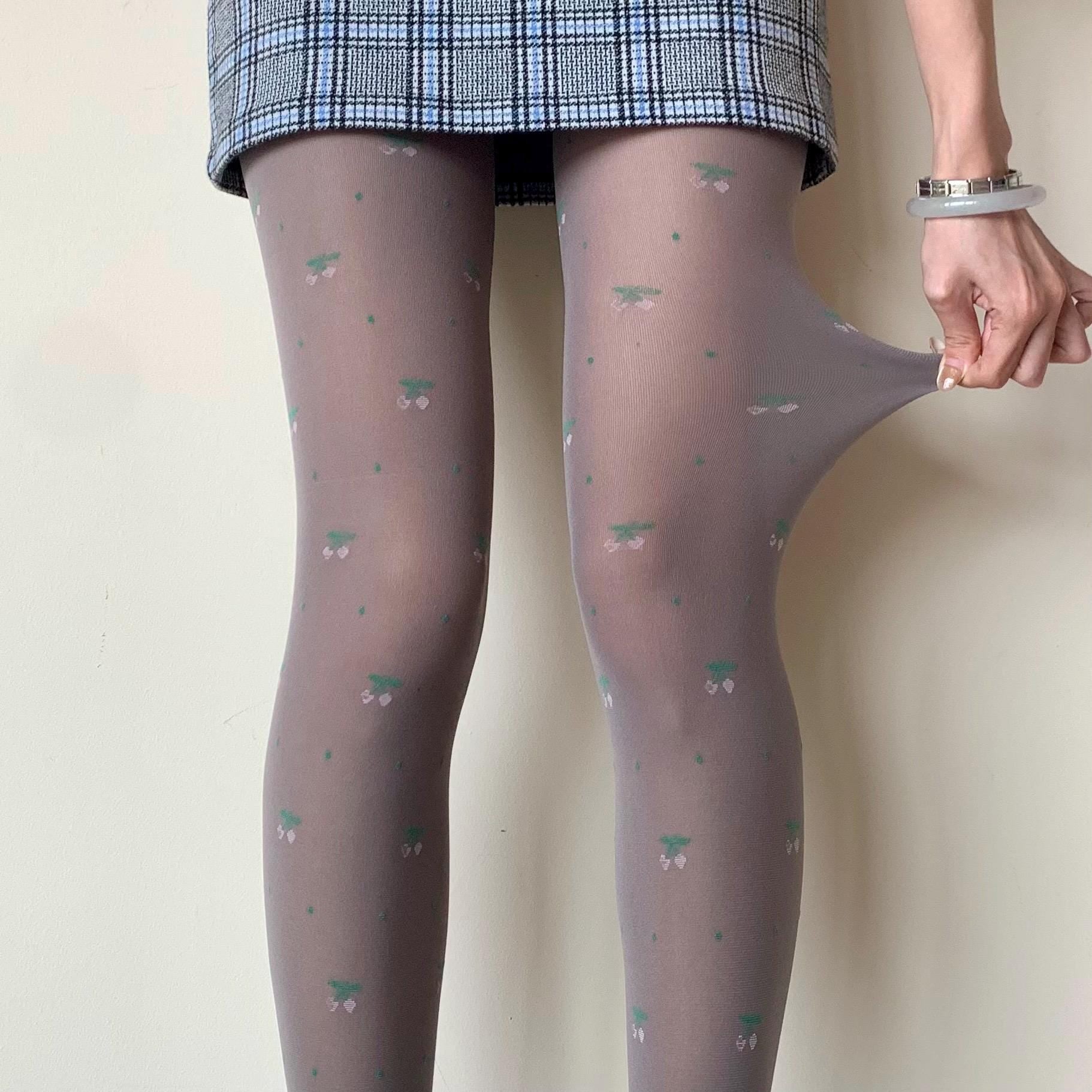 Grey Cherry Pattern Velvet Tights