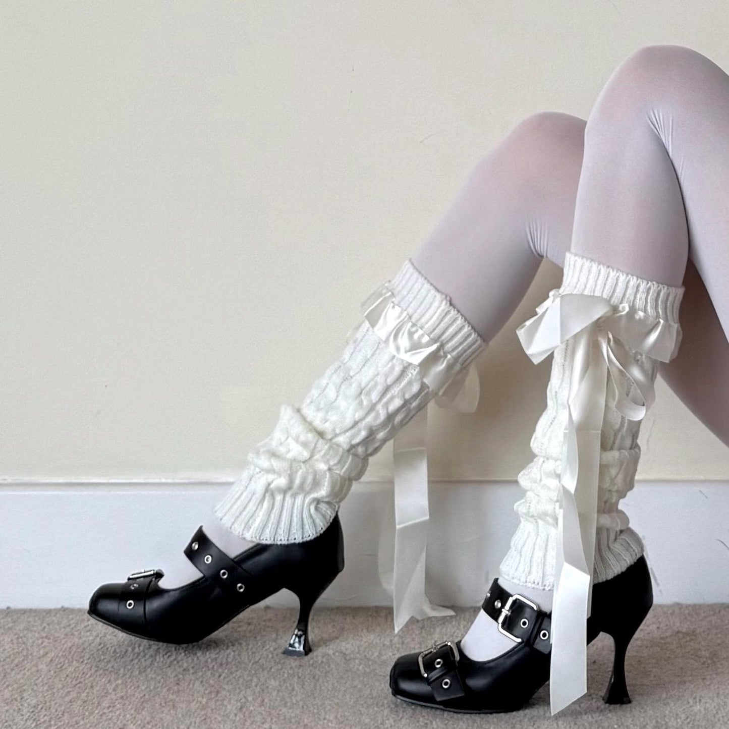 Cream White Knit-Style Leg Warmers with Lace Frill & Bow - leg warmers