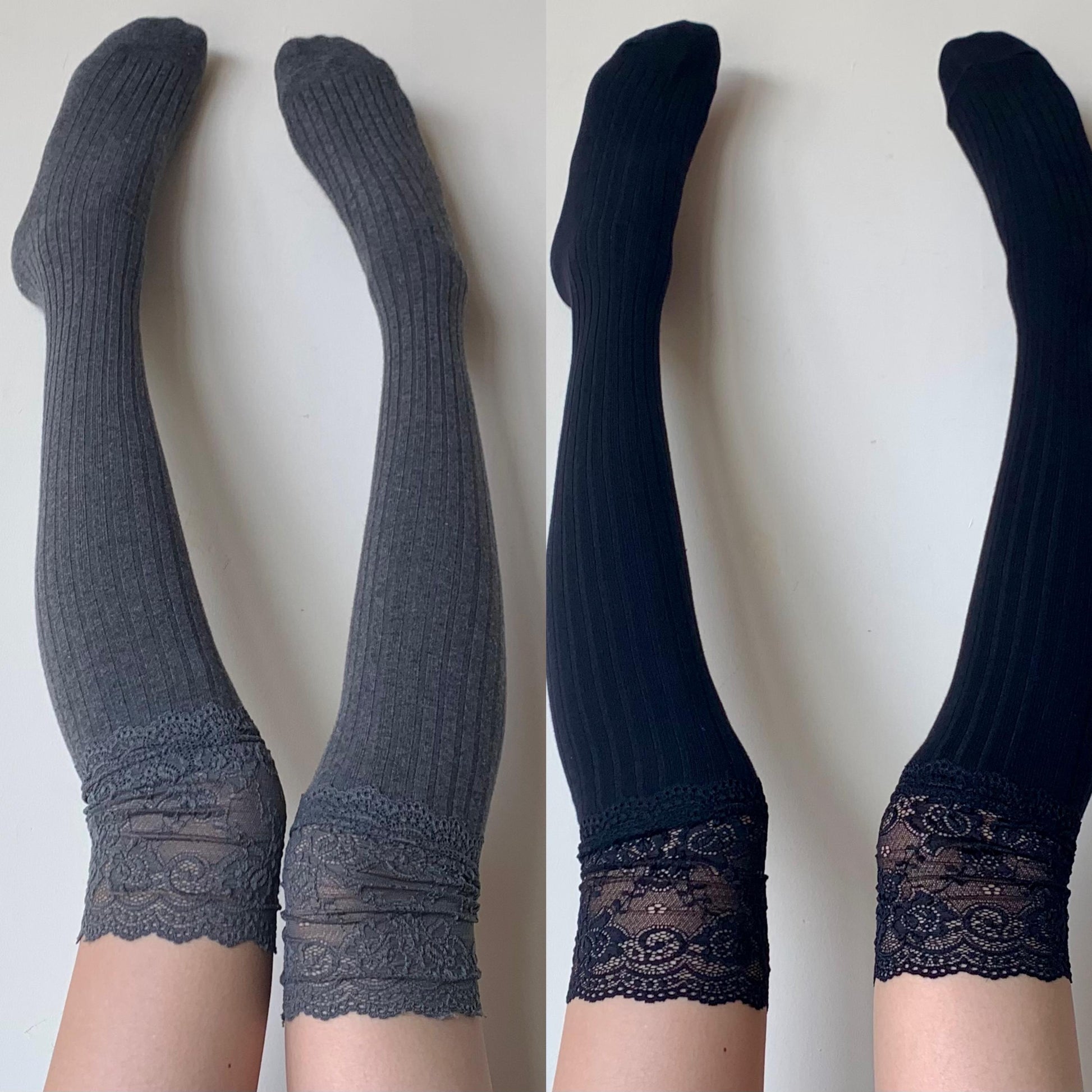 Thigh High Socks with Floral Pattern Lace Trim
