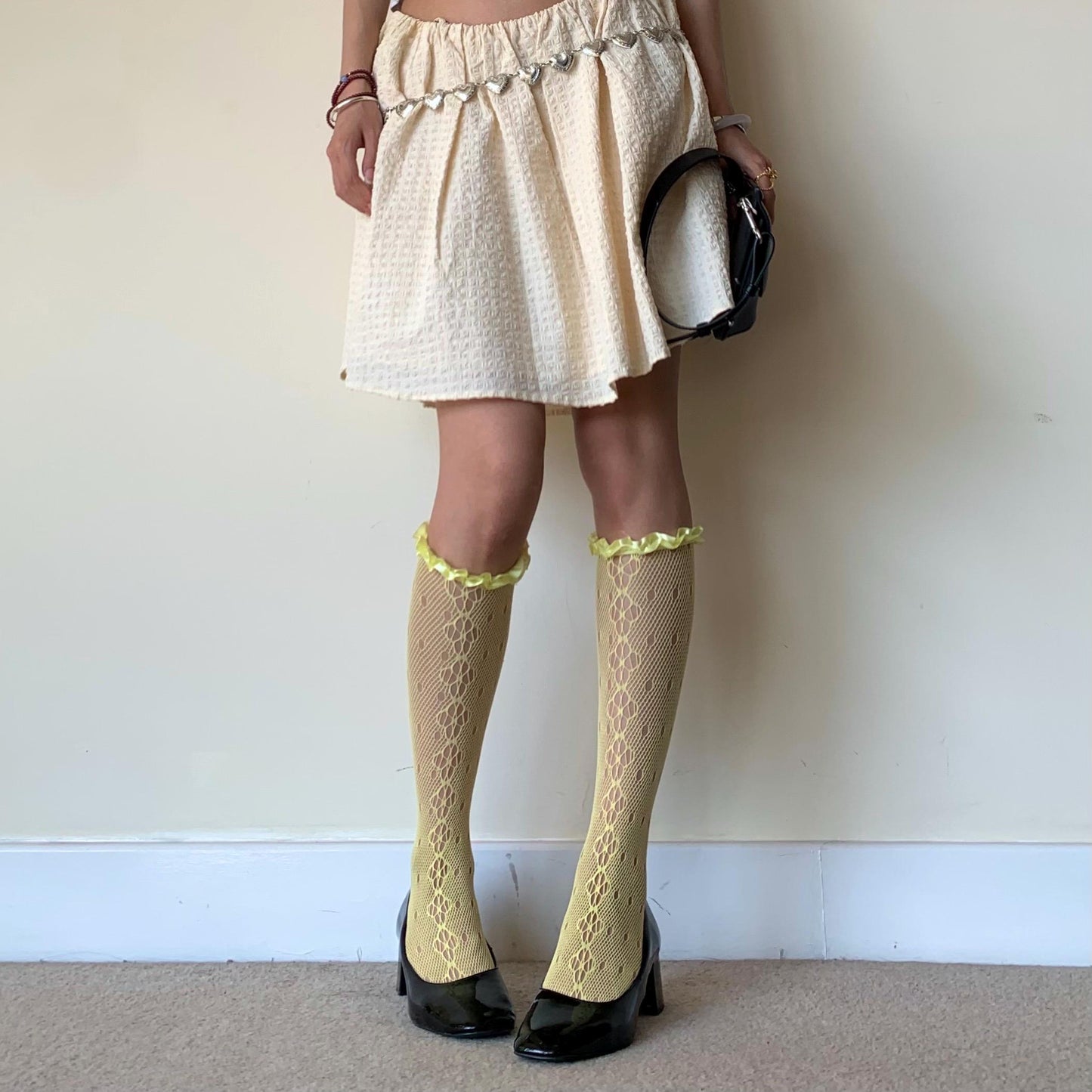 Yellow Floral Knee High Fishnet Socks with Satin Frilled Trim - socks
