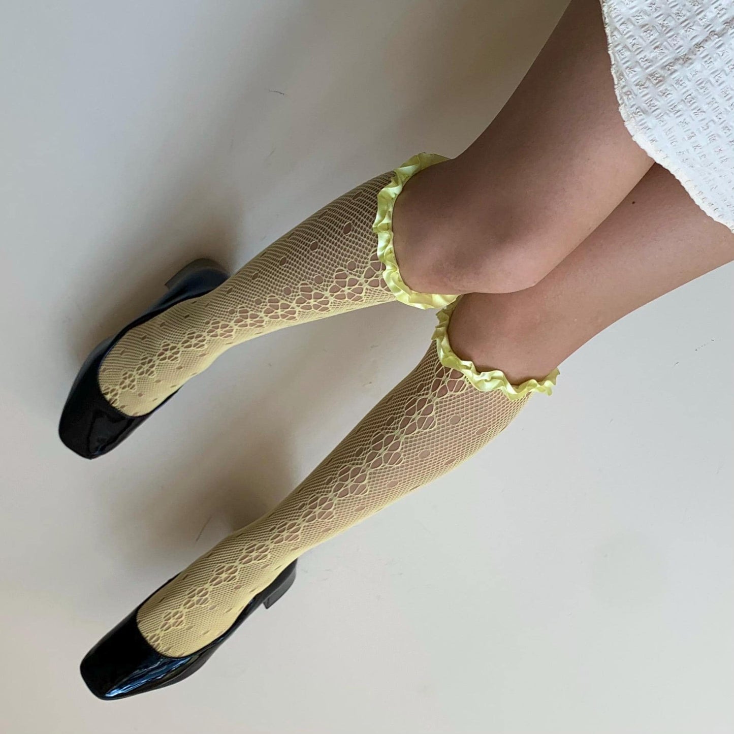 Yellow Floral Knee High Fishnet Socks with Satin Frilled Trim - socks
