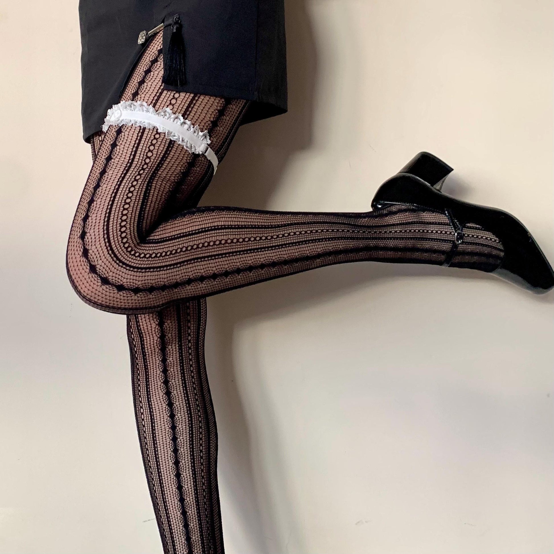 Black Geometric Striped Fishnet Tights