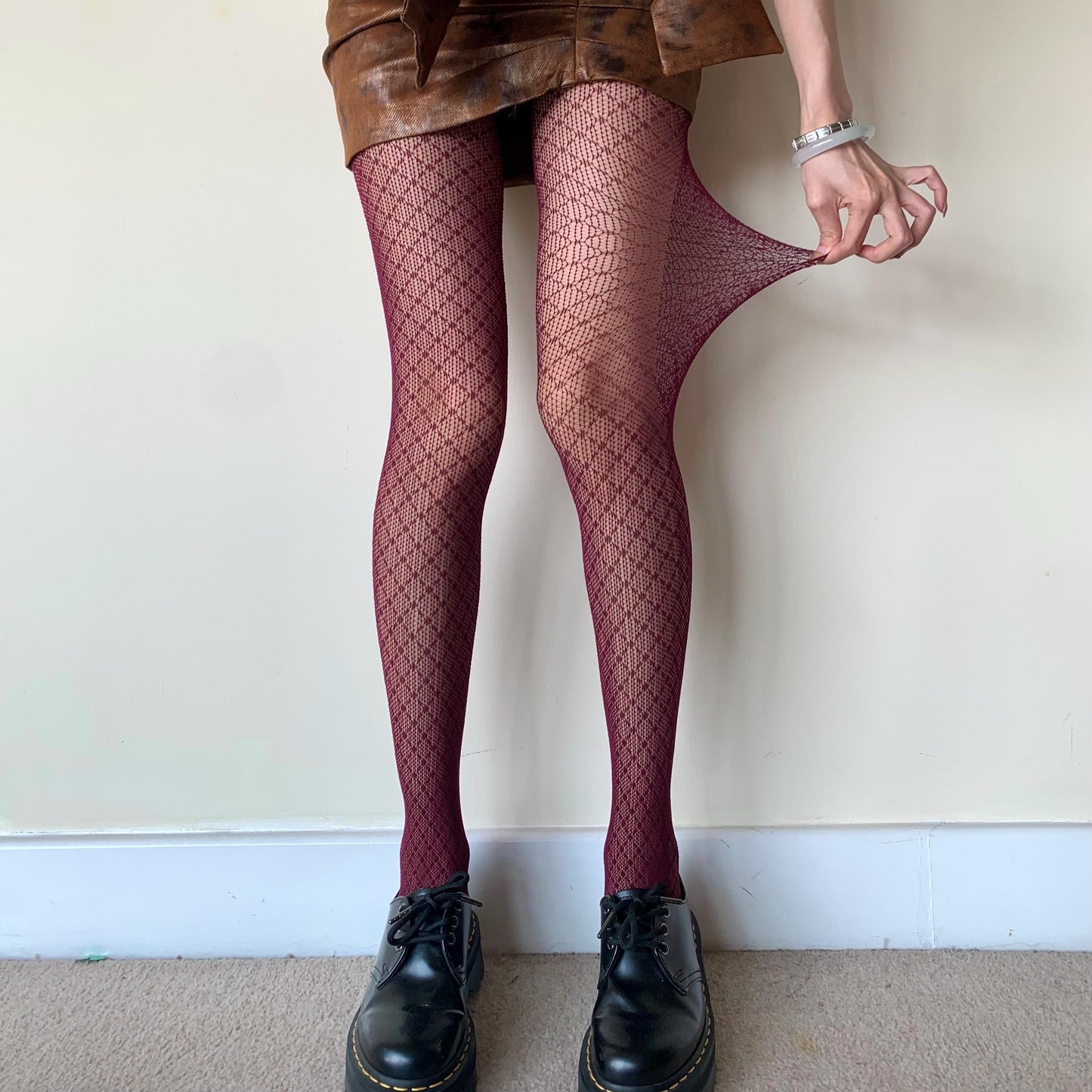Burgundy Red Crisscross Fishnet Tights