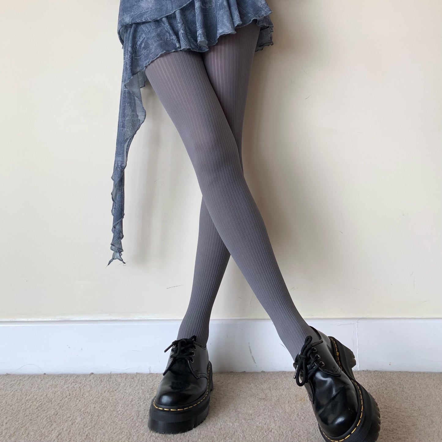 Blue Grey Ribbed Velvet Opaque Tights