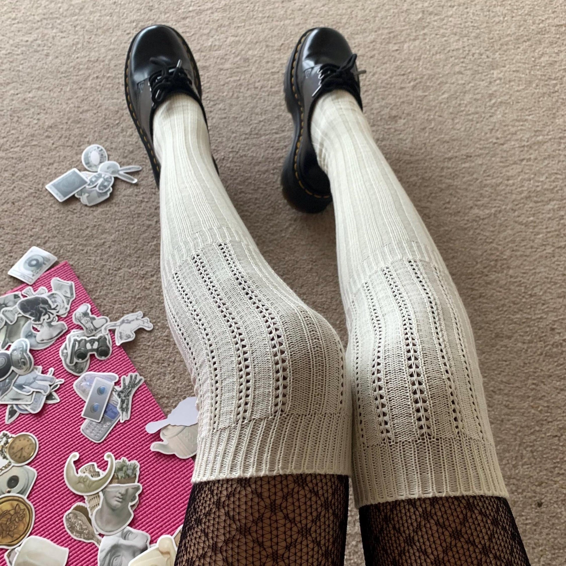 Cream Thigh-high Ribbed Cotton Socks - socks