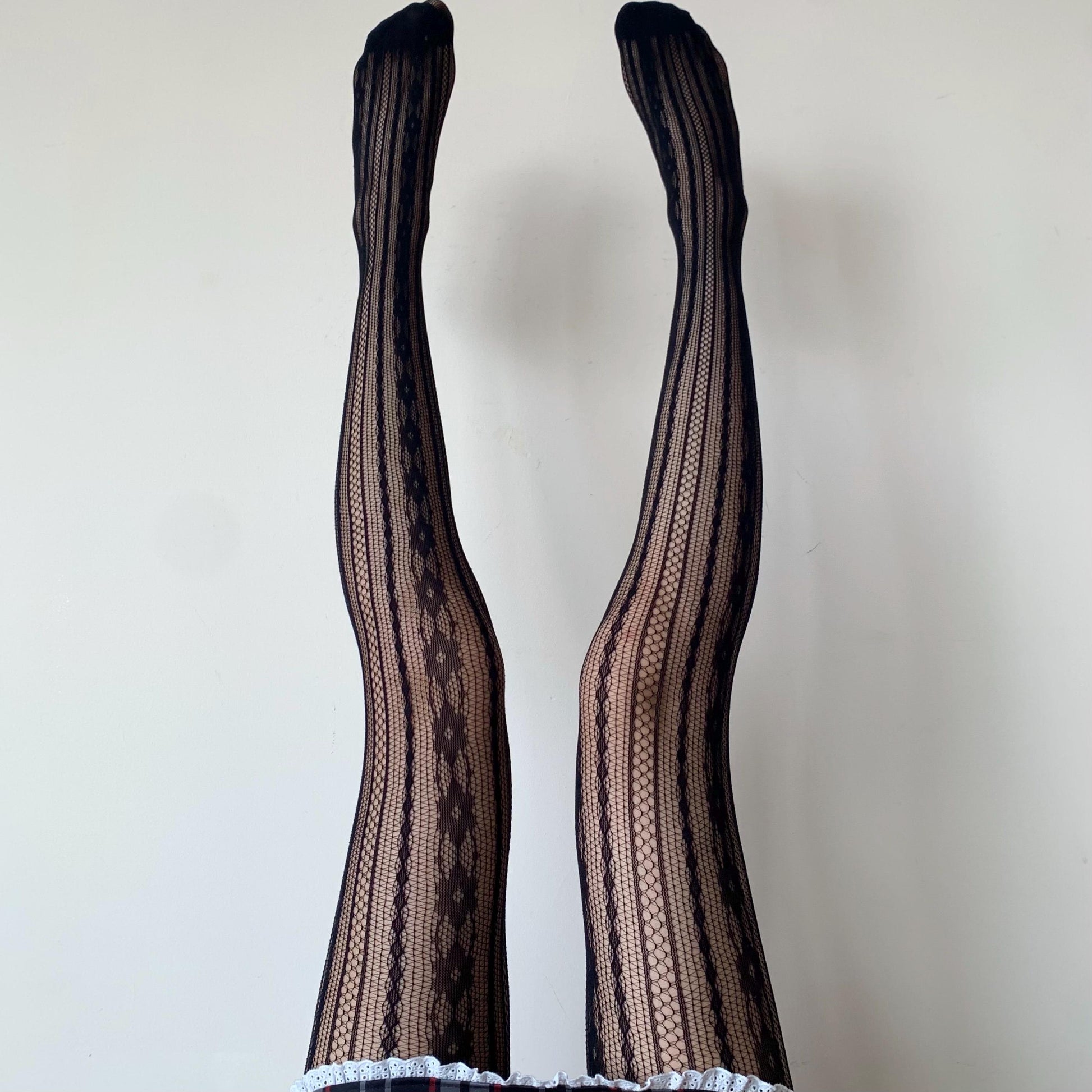 Black Floral Striped Fishnet Tights