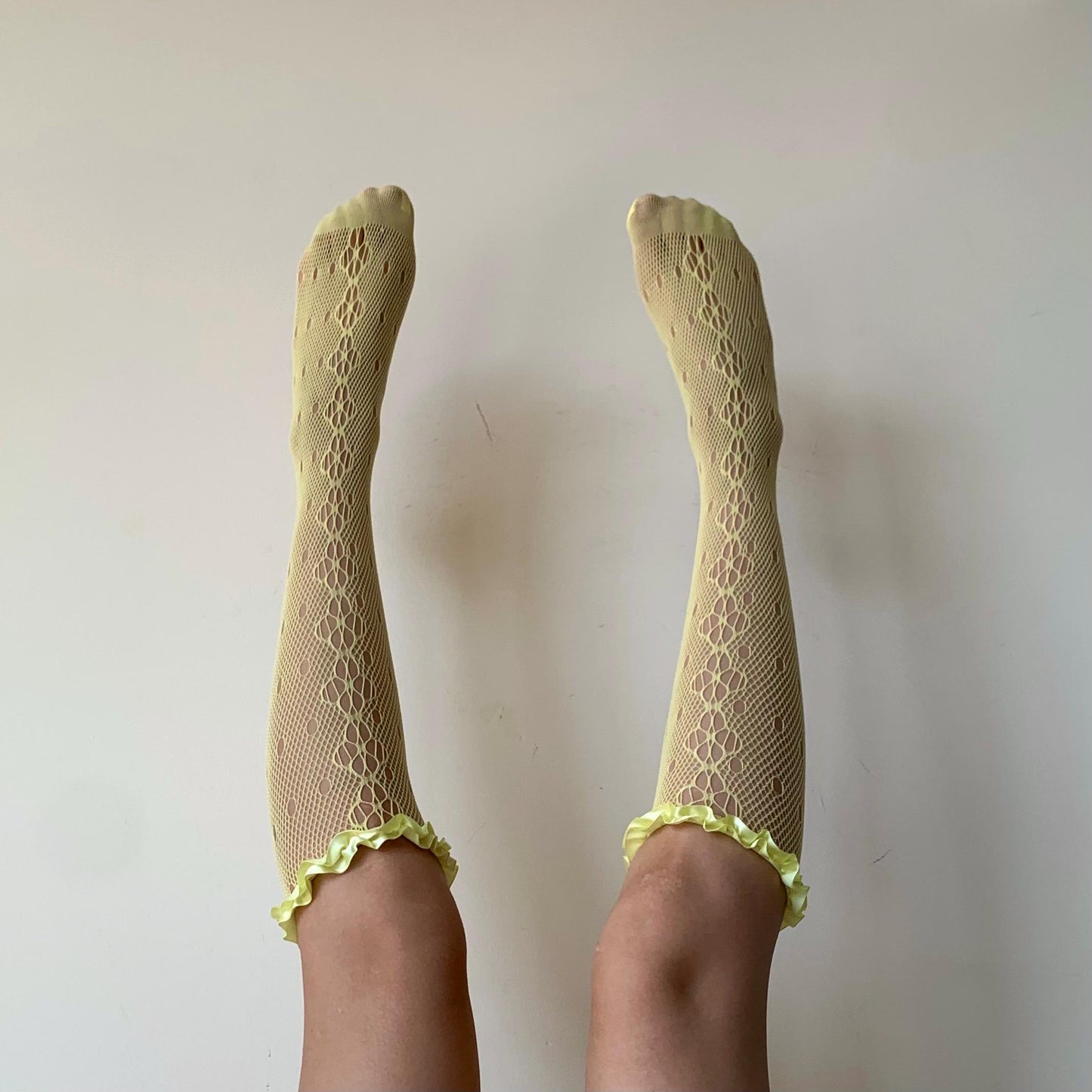 Yellow Floral Knee High Fishnet Socks with Satin Frilled Trim - socks