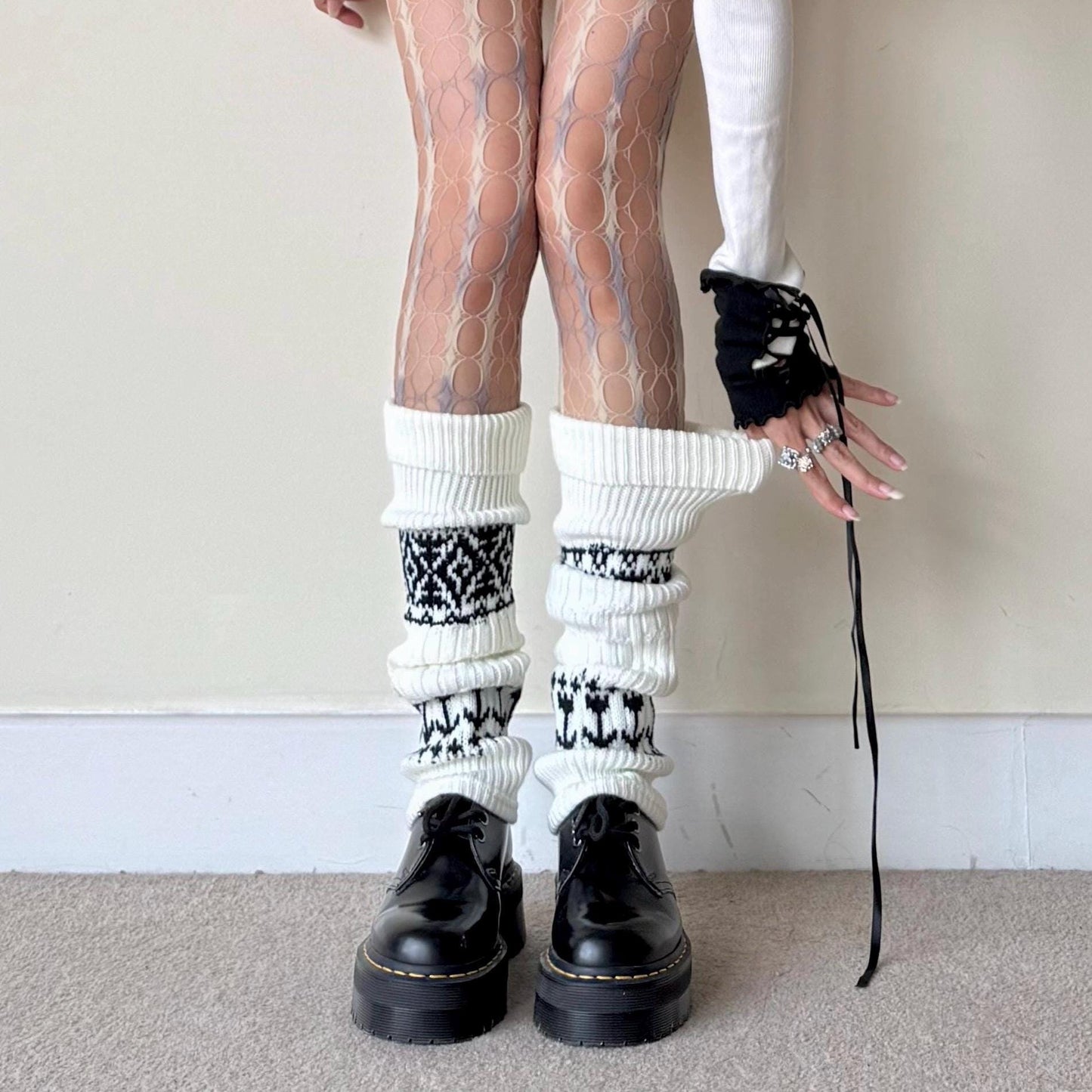 White Fair Isle Wool Knit Leg Warmers