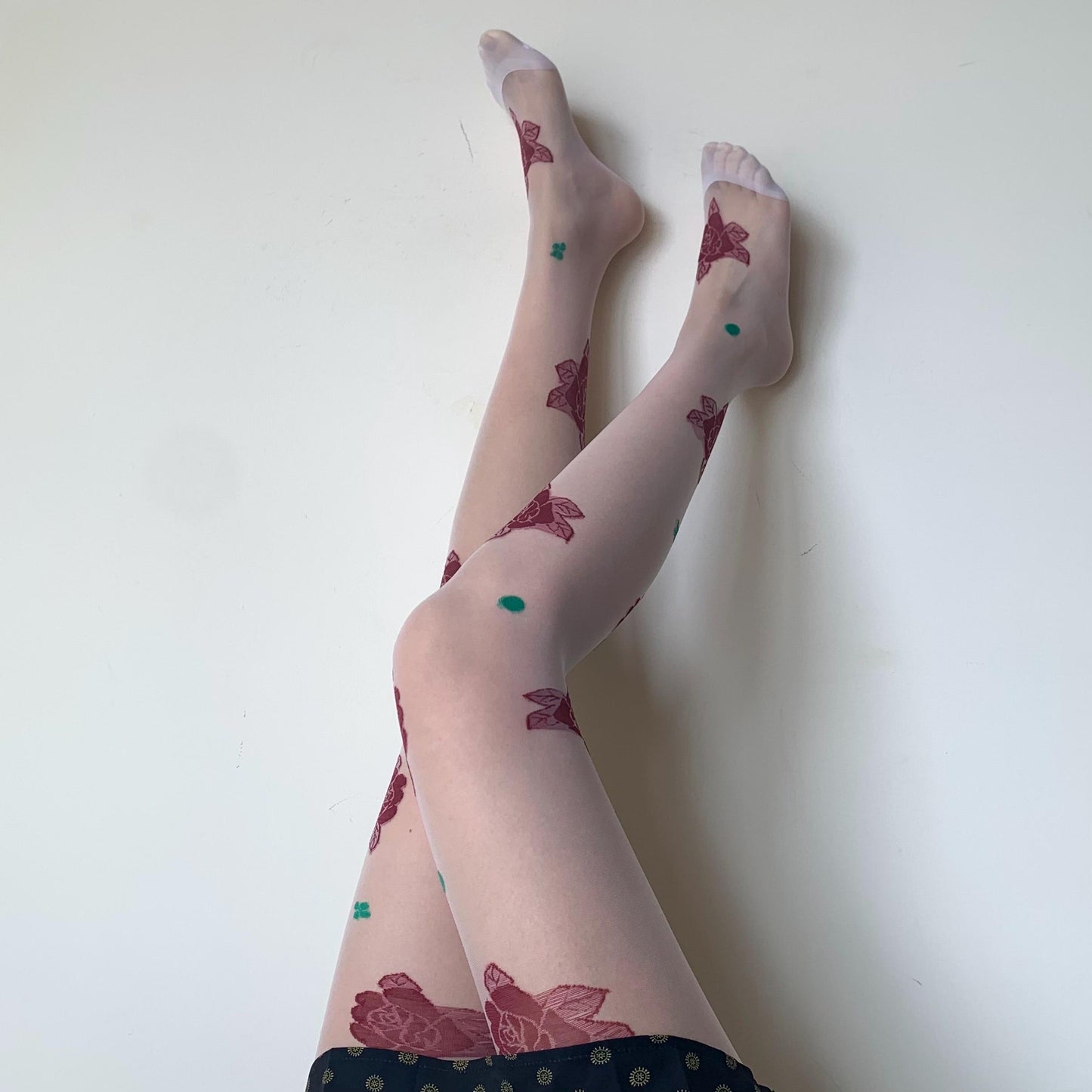 White Sheer Tights with Embroidered Roses & Green Leaves - tights