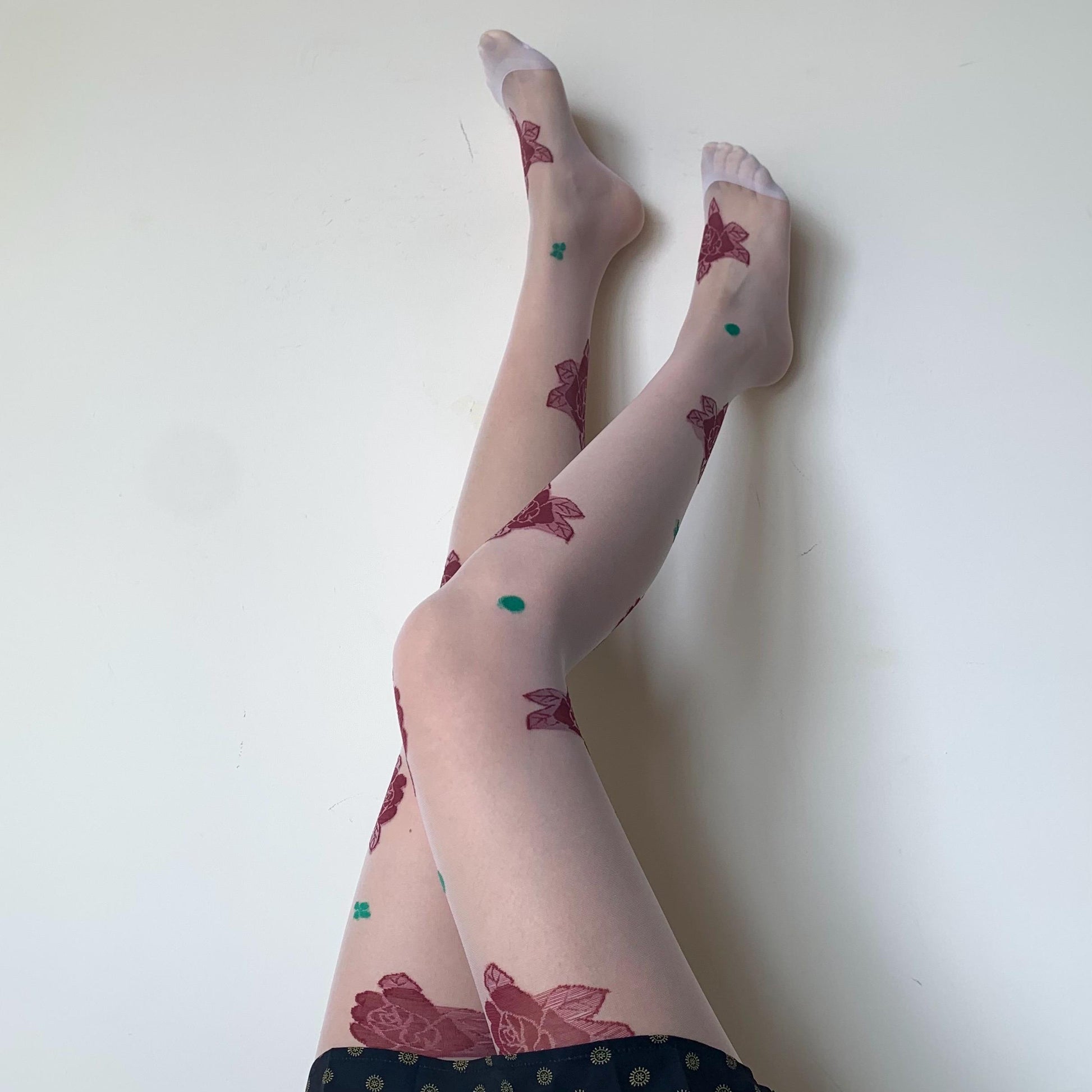 White Sheer Tights with Embroidered Roses & Green Leaves - tights