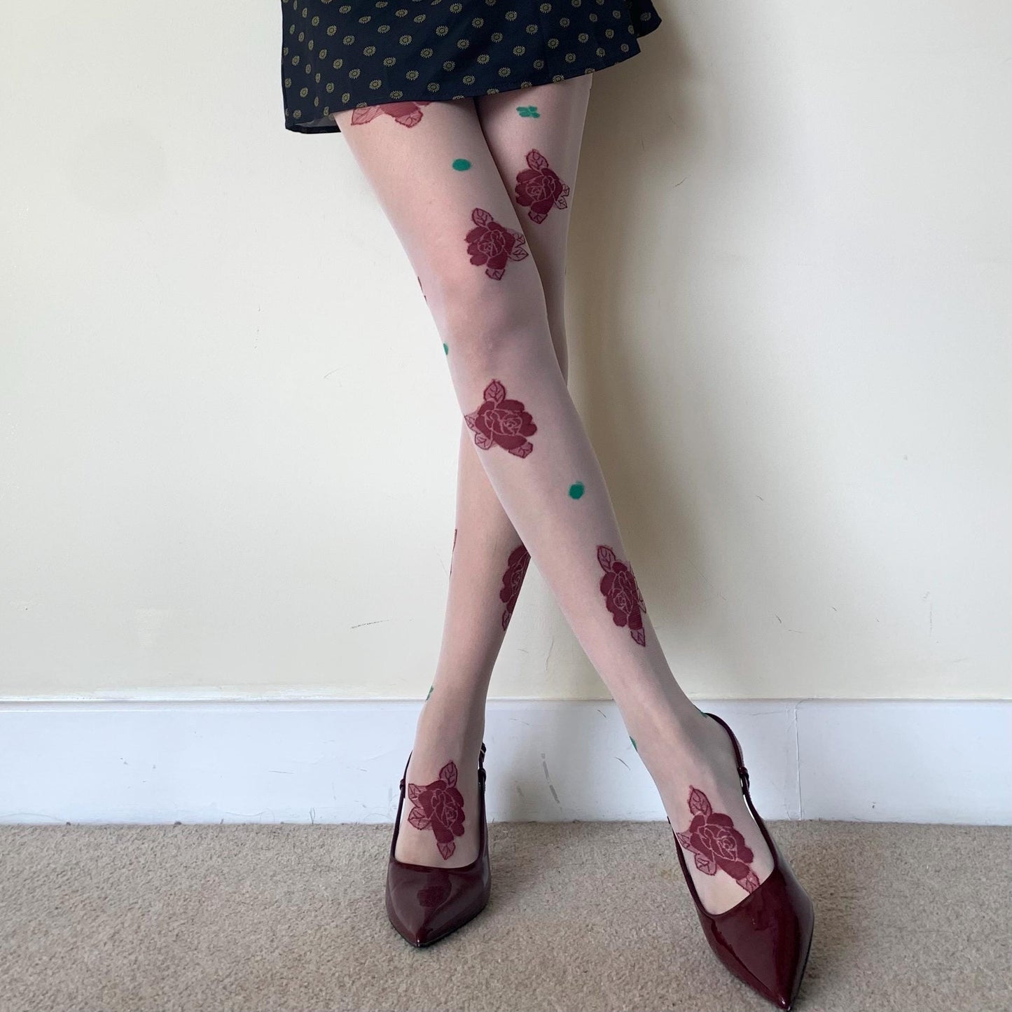 White Sheer Tights with Embroidered Roses & Green Leaves - tights