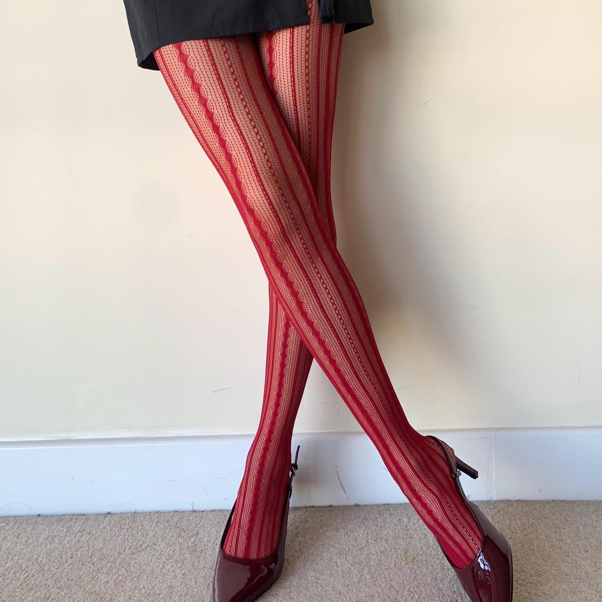 Red Geometric Stripped Fishnet Tights