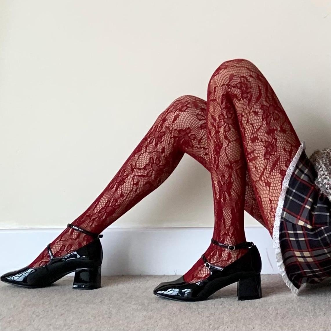 Burgundy Flora Fishnet Tights - Red / One size