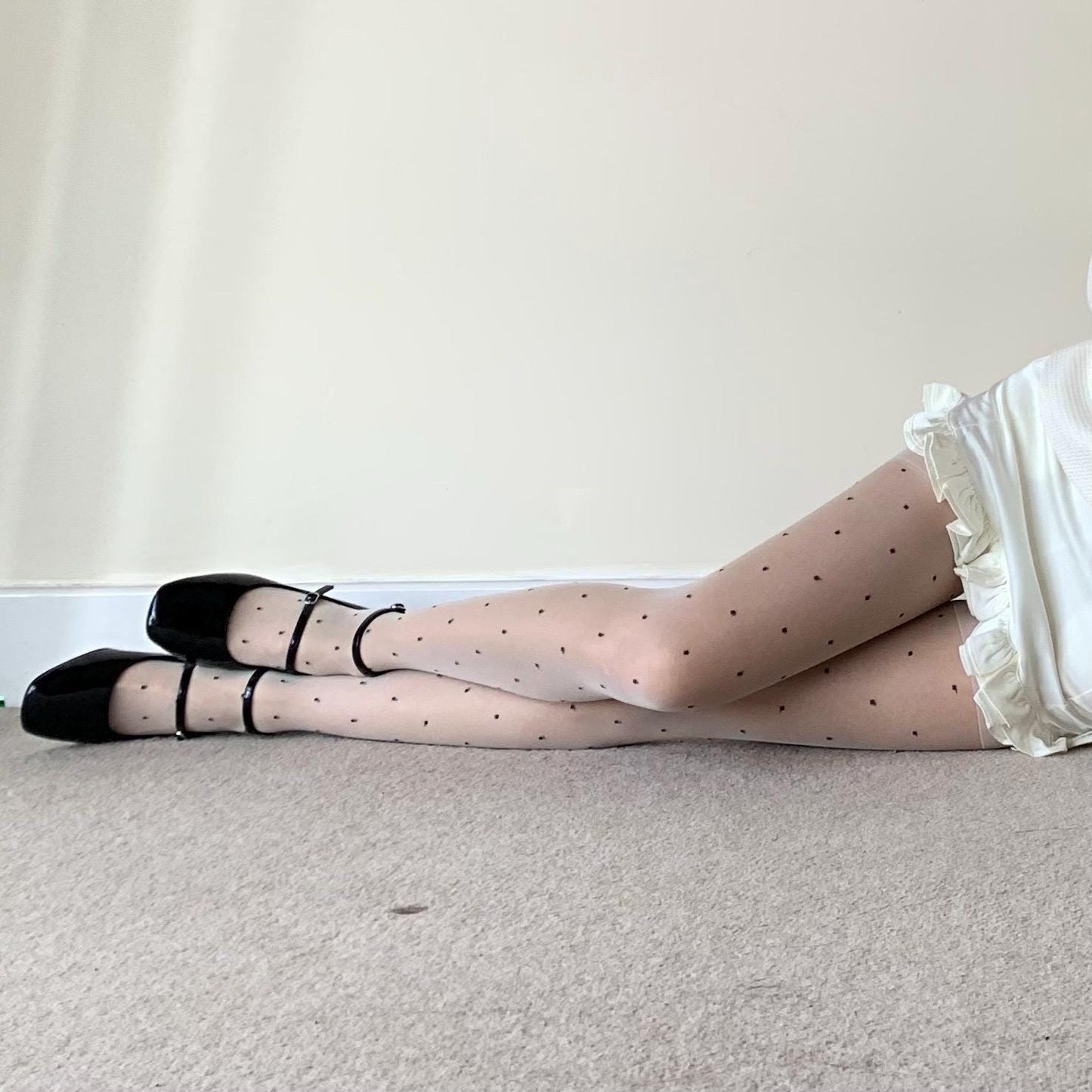 Cream White Sheer Lace Polka Dots Tights - Cream