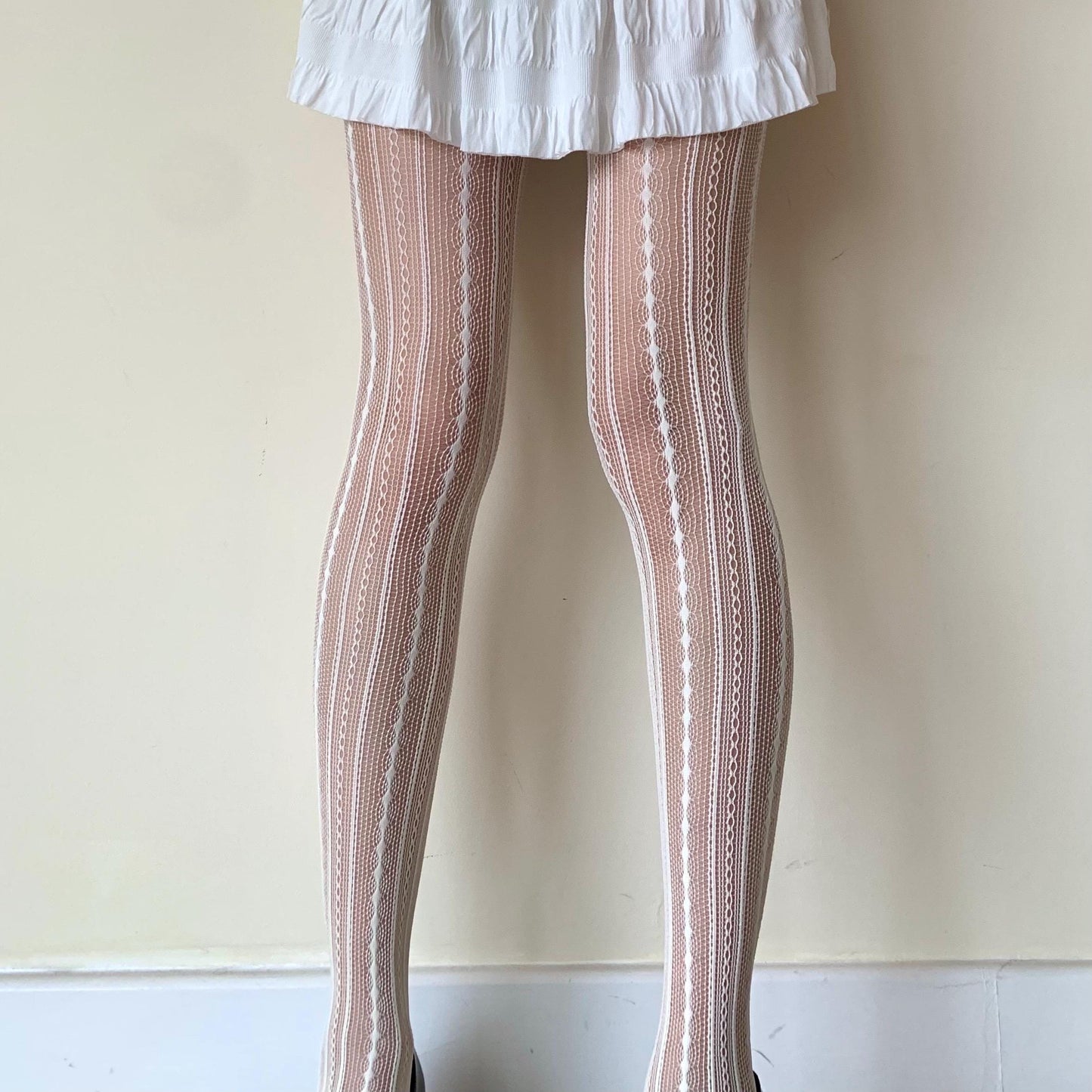 White Cream Stripped Fishnet Tights - Unique Geometric Pattern Fishnet Pantyhose - Y2K Pantyhose - Balletcore &