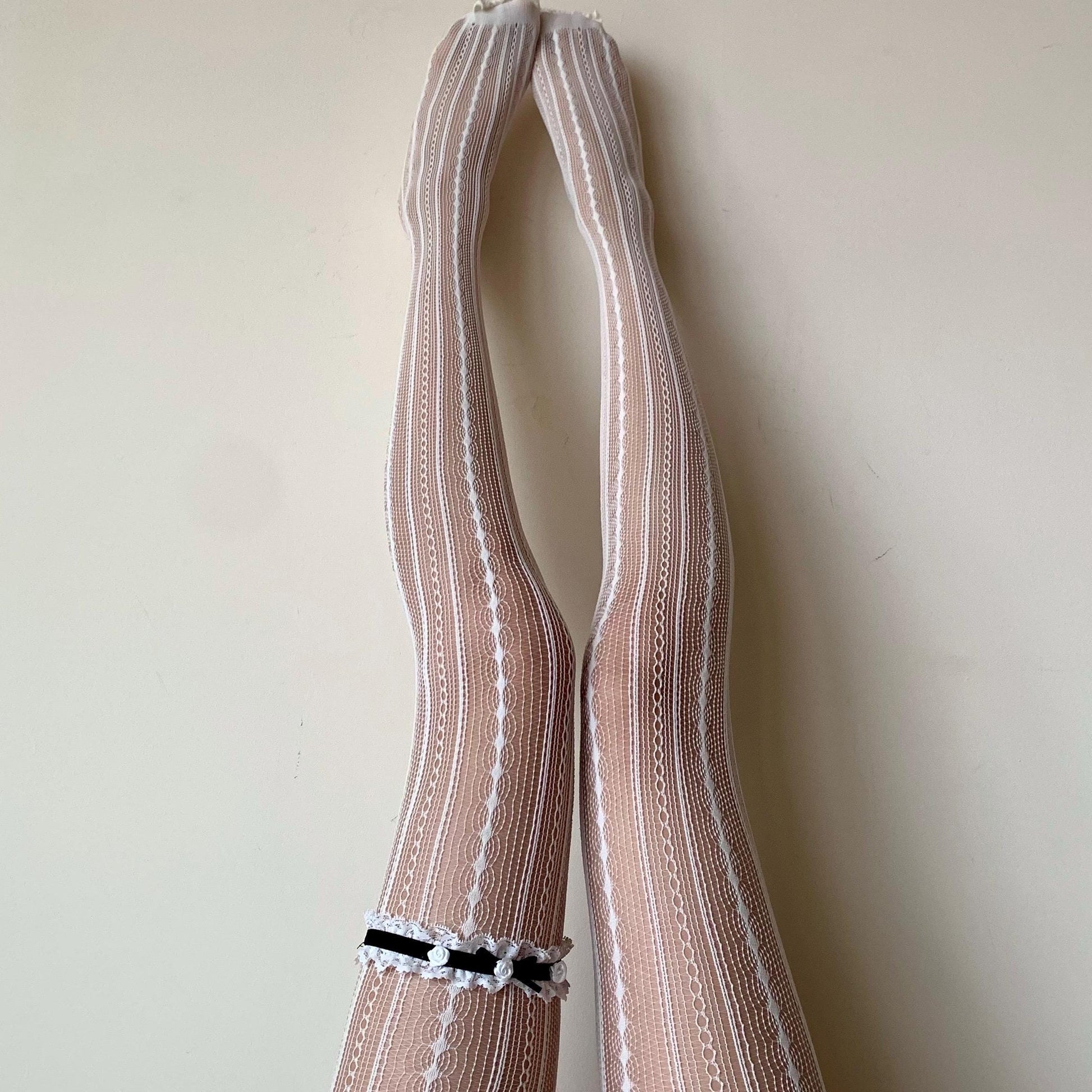 White Cream Stripped Fishnet Tights - Unique Geometric Pattern Fishnet Pantyhose - Y2K Pantyhose - Balletcore &
