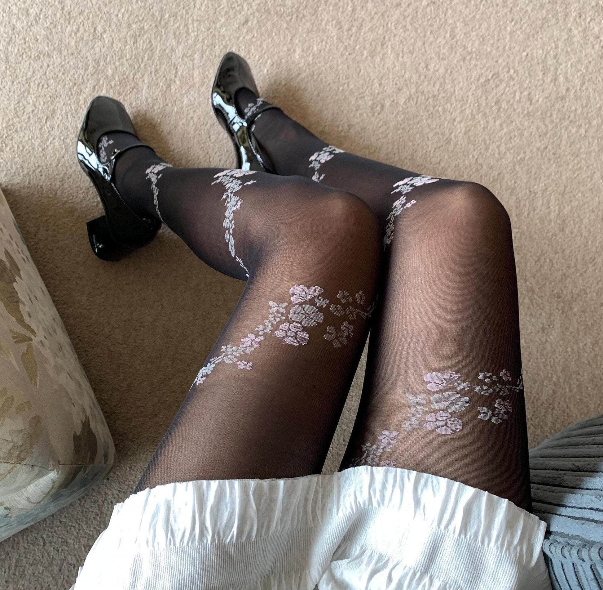 Black Sheer Tights with White Purple Rose Print