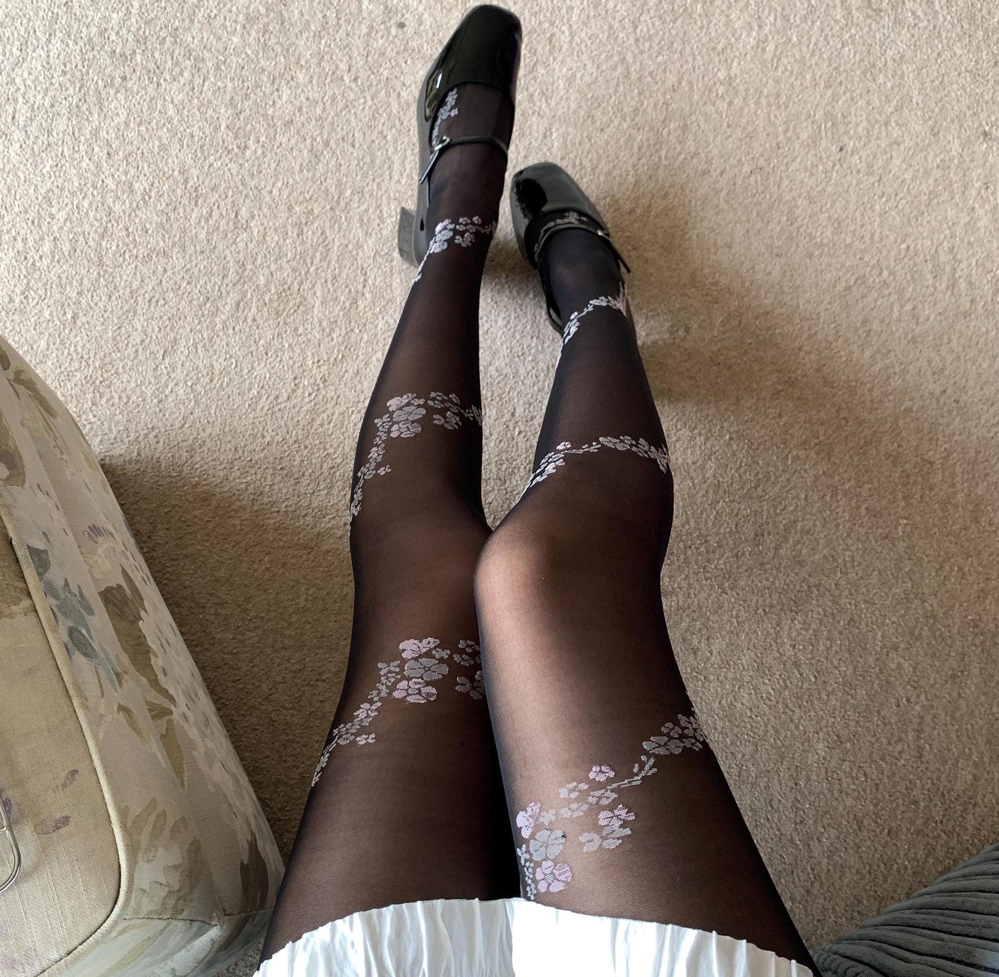 Black Sheer Tights with White Purple Rose Print