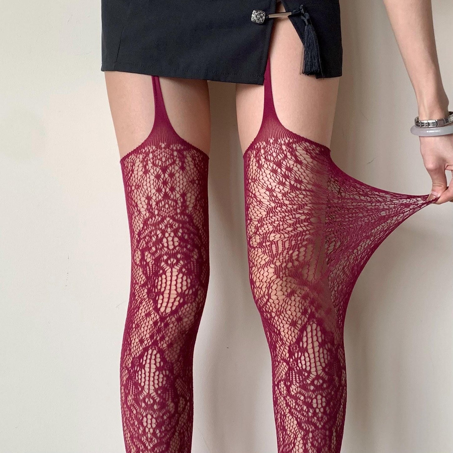 Burgundy Floral Fishnet Stockings with Flower Pattern - Rose Pattern Sexy Suspender Tights with Lace Waistband