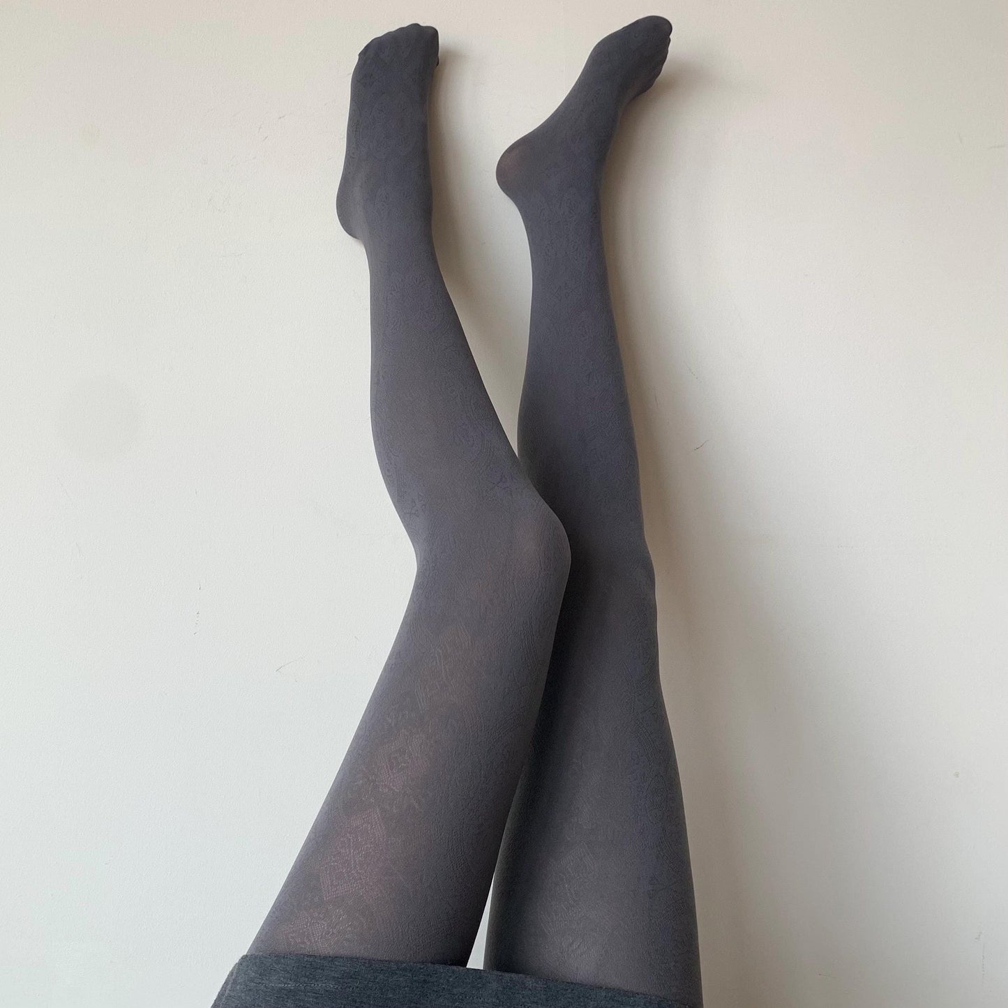 Grey Velvet Opaque Tights with Antique Pattern
