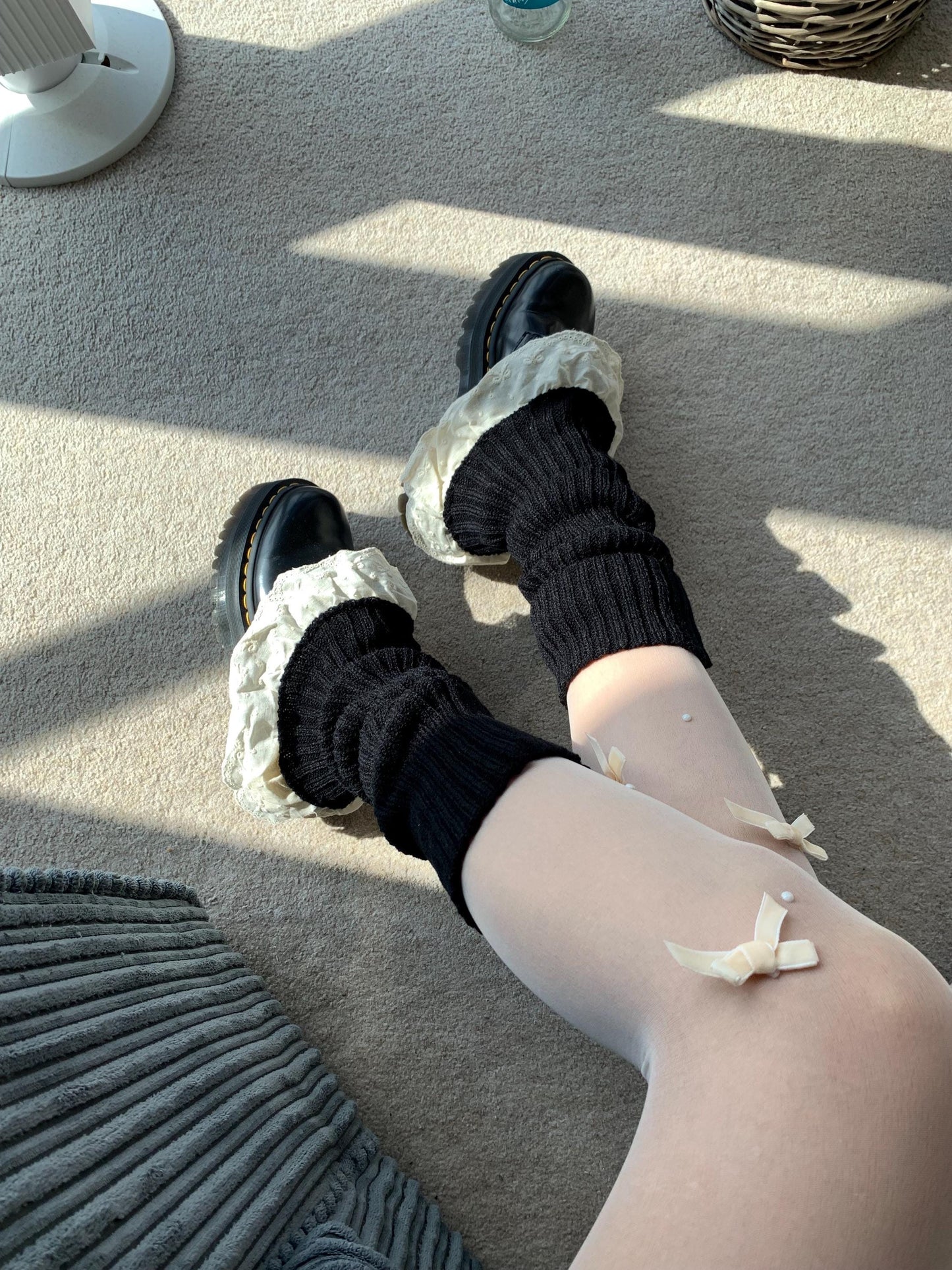 Black Ribbed Cotton Leg Warmers with Cream White Bow Trim - Cute Kawaii Coquette Balletcore Women Leg Warmers - Slouchy