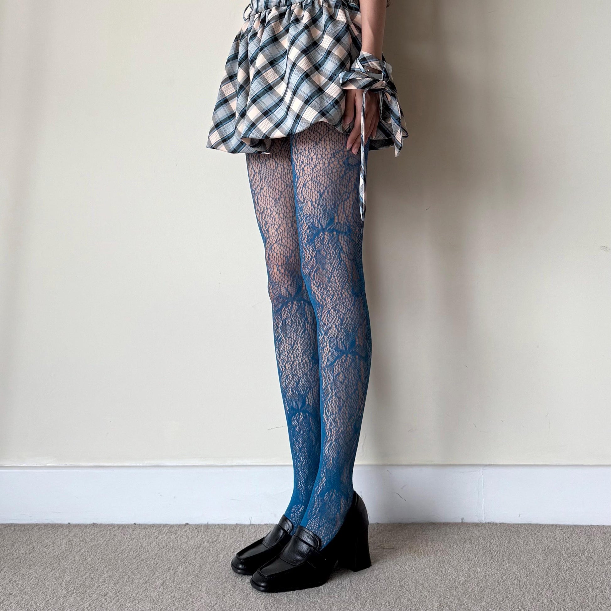 Blue Floral Fishnet Tights - Peacock Blue Hollow Lace Pattern Tights Pantyhose - Colored Patterned Tights for Women