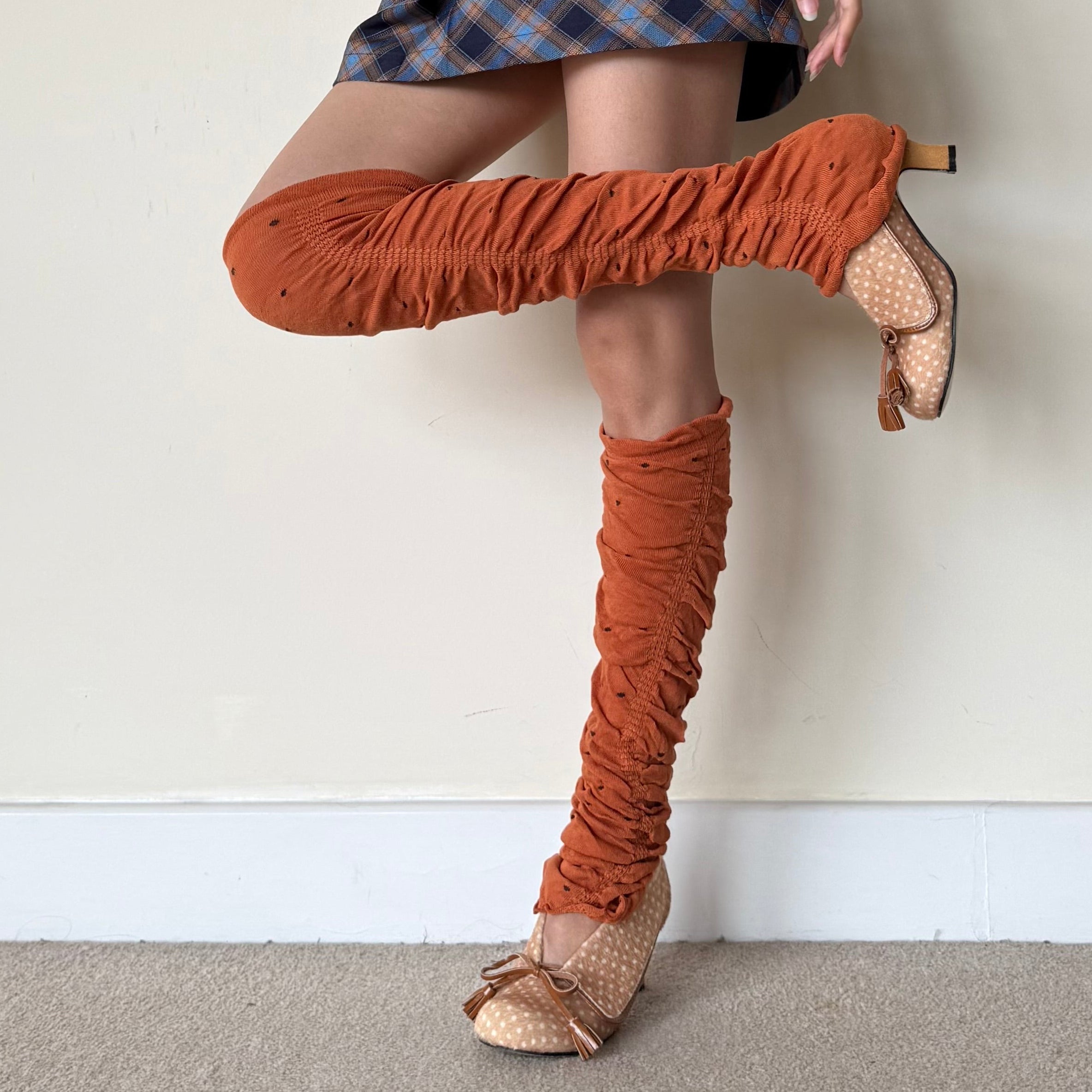 Orange Sheer Polka Dot Ruched Leg Warmers (approx. 62 cm)