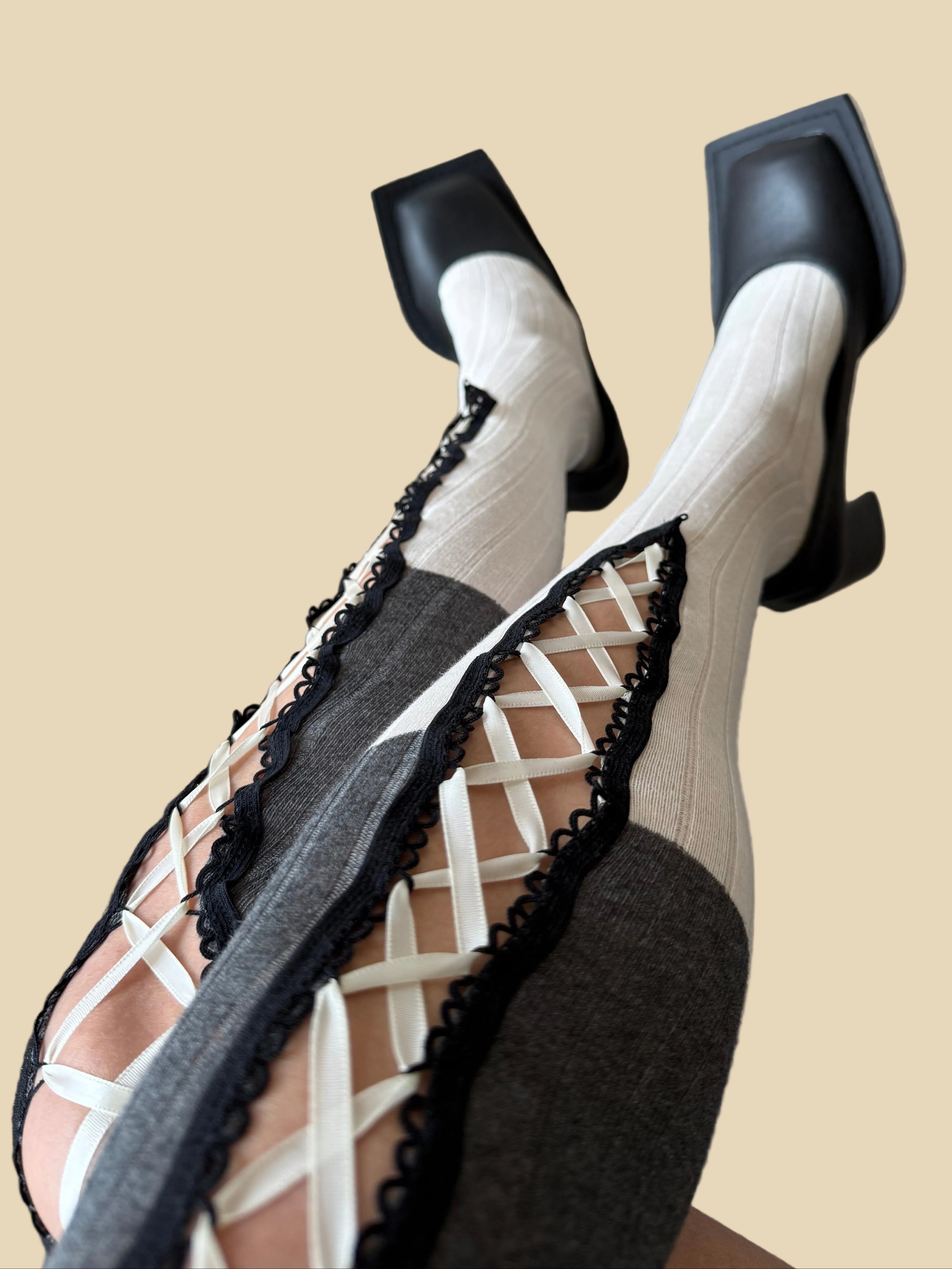 Two-Tone Grey & White Corset Lace-Up Thigh High Cotton Socks