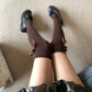 Brown Knee-high Cotton Socks with Ruffle Trim & Side Ribbon Ties - One size / Brown - stockings