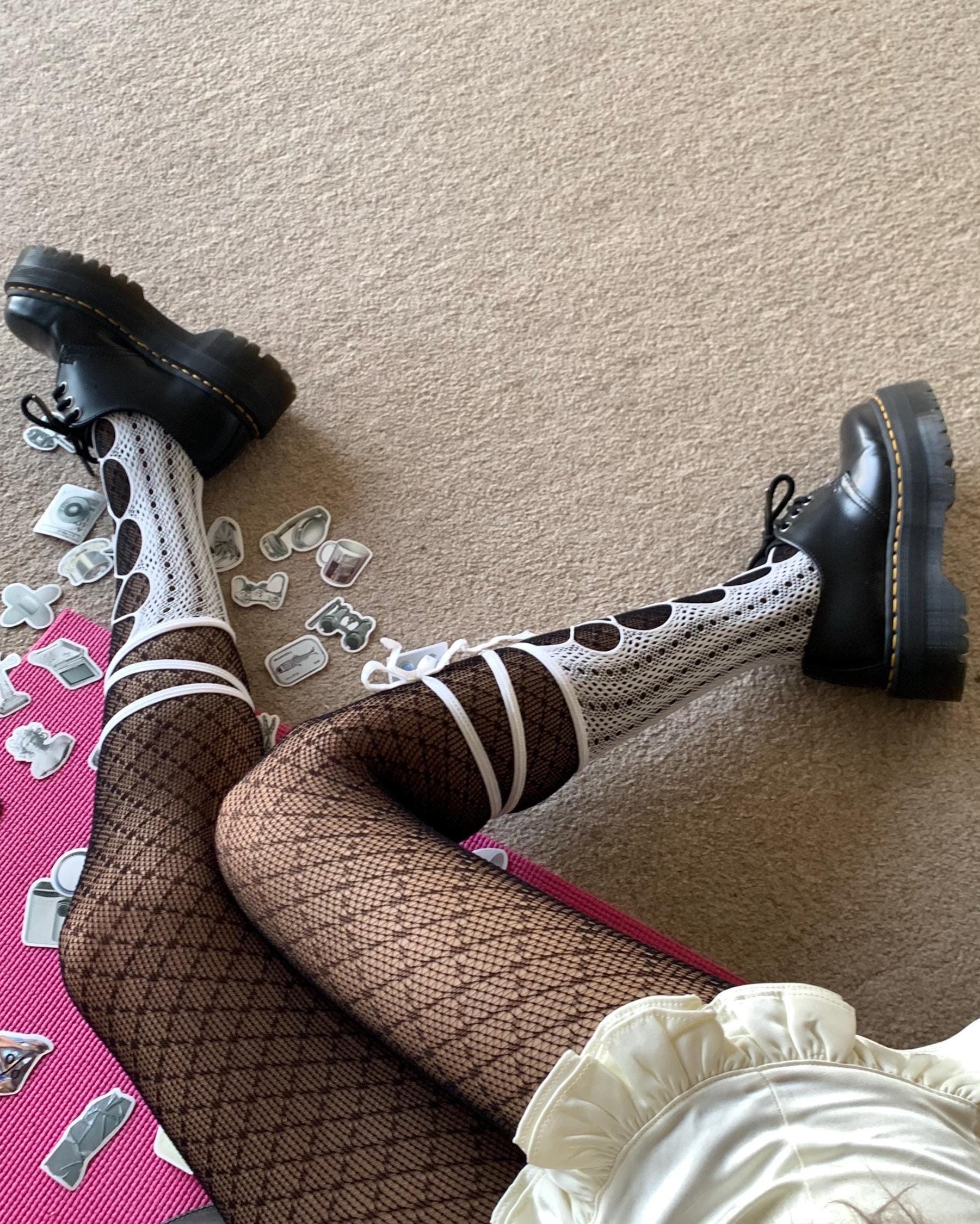 White Lace-Up Fishnet Socks with Adjustable Ribbon Straps - socks