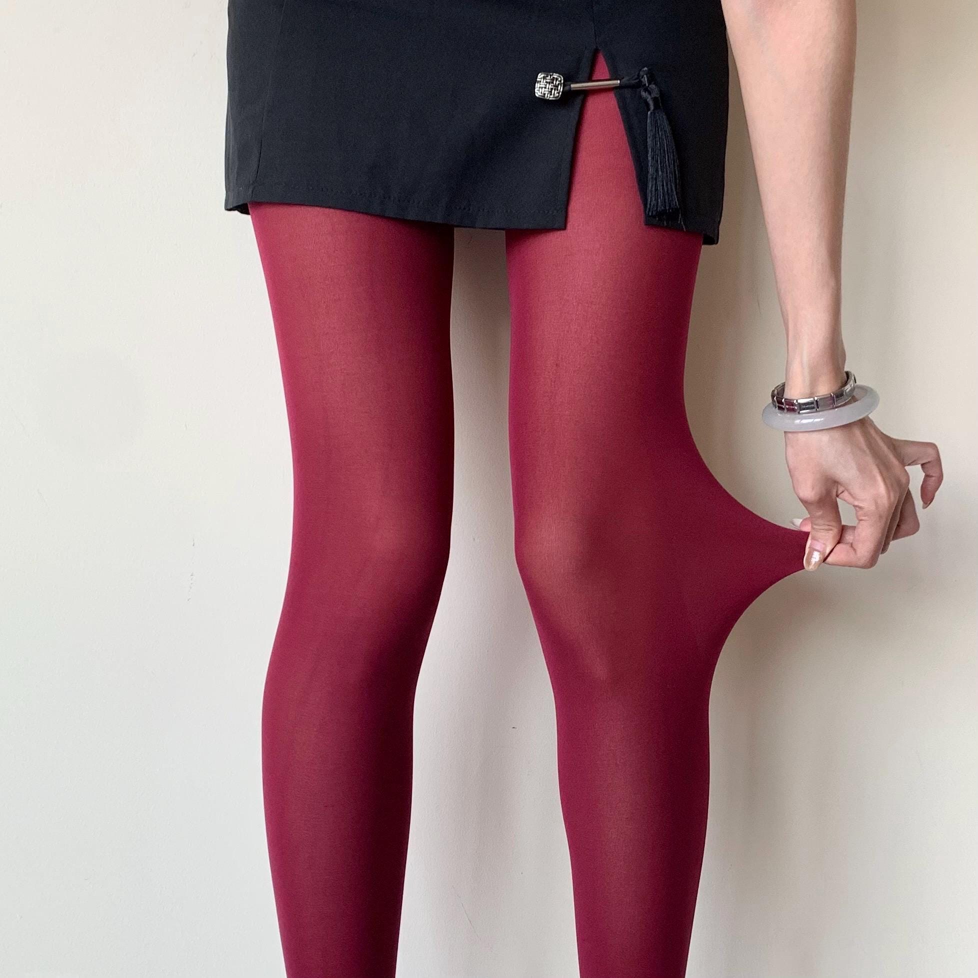 Burgundy Solid Color Opaque Velvet Tights