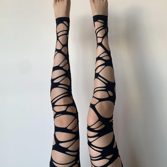 Black Distressed Fishnet Tights