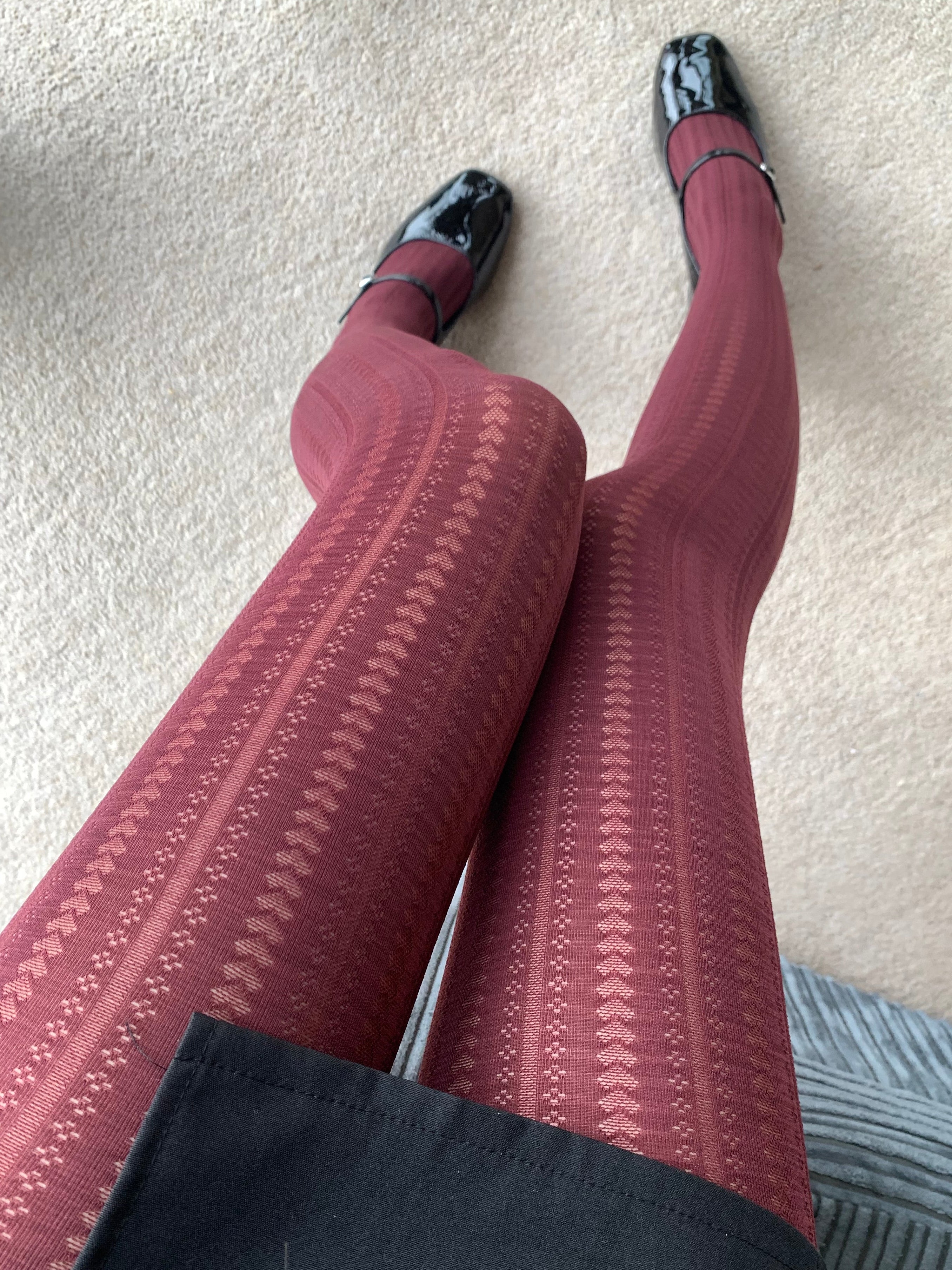 Burgundy Red Heart Striped Velvet Tights 70D