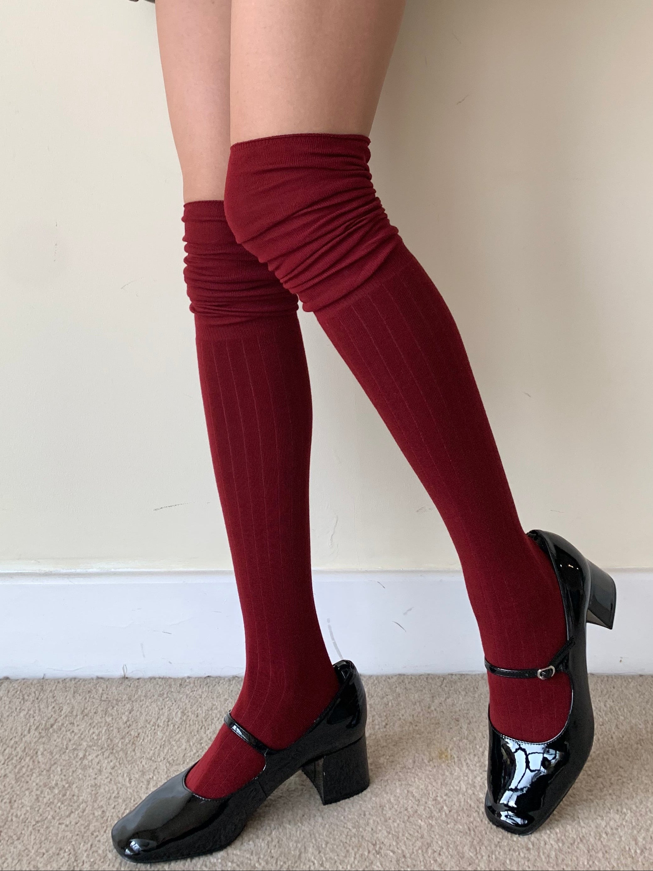Burgundy Striped Knee High Socks with Slouchy Trim (64cm)