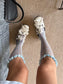 Blue Floral Knee High Frilled Socks with Satin Frill - socks