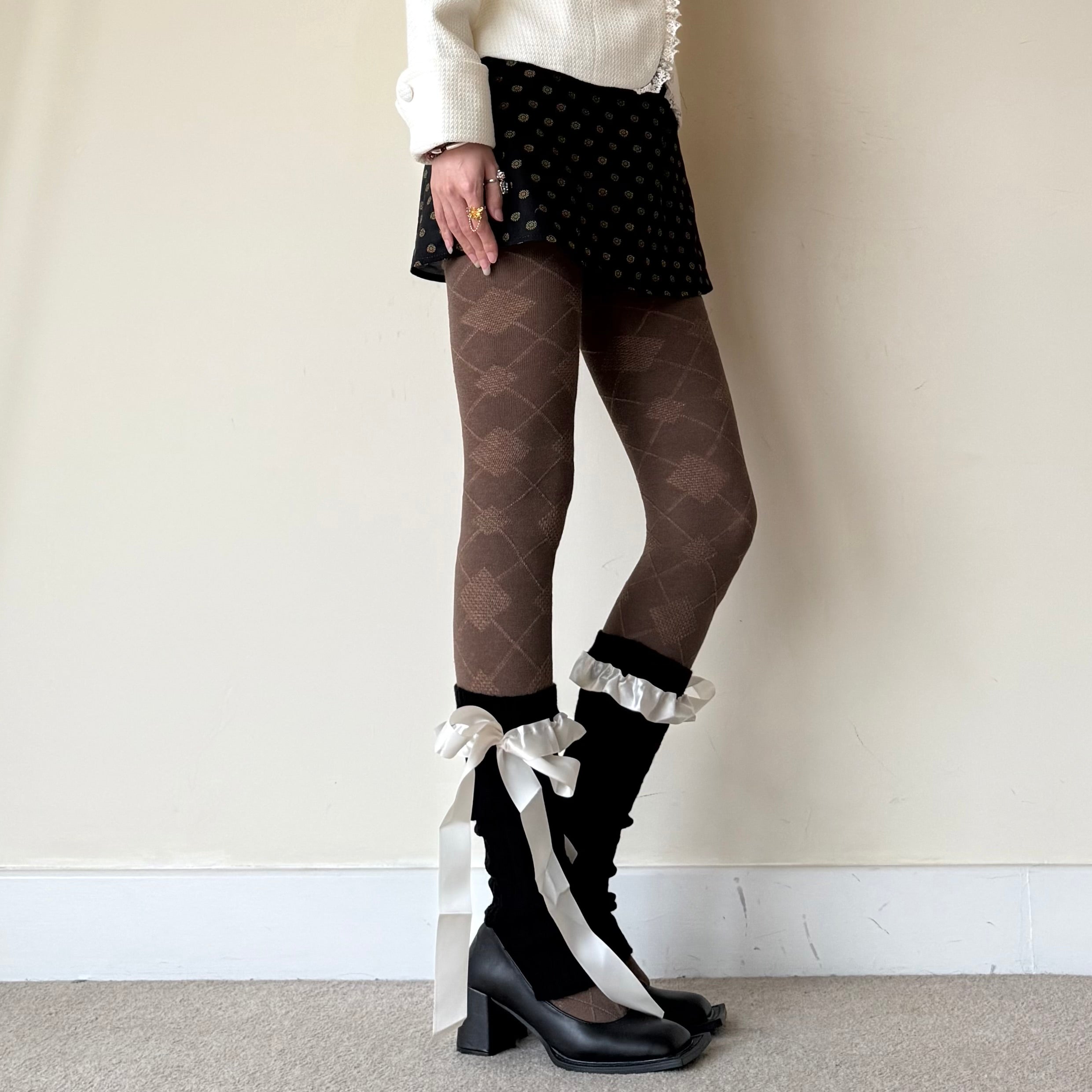 Black Knit-Style Leg Warmers with White Lace Frill & Bow Ribbon
