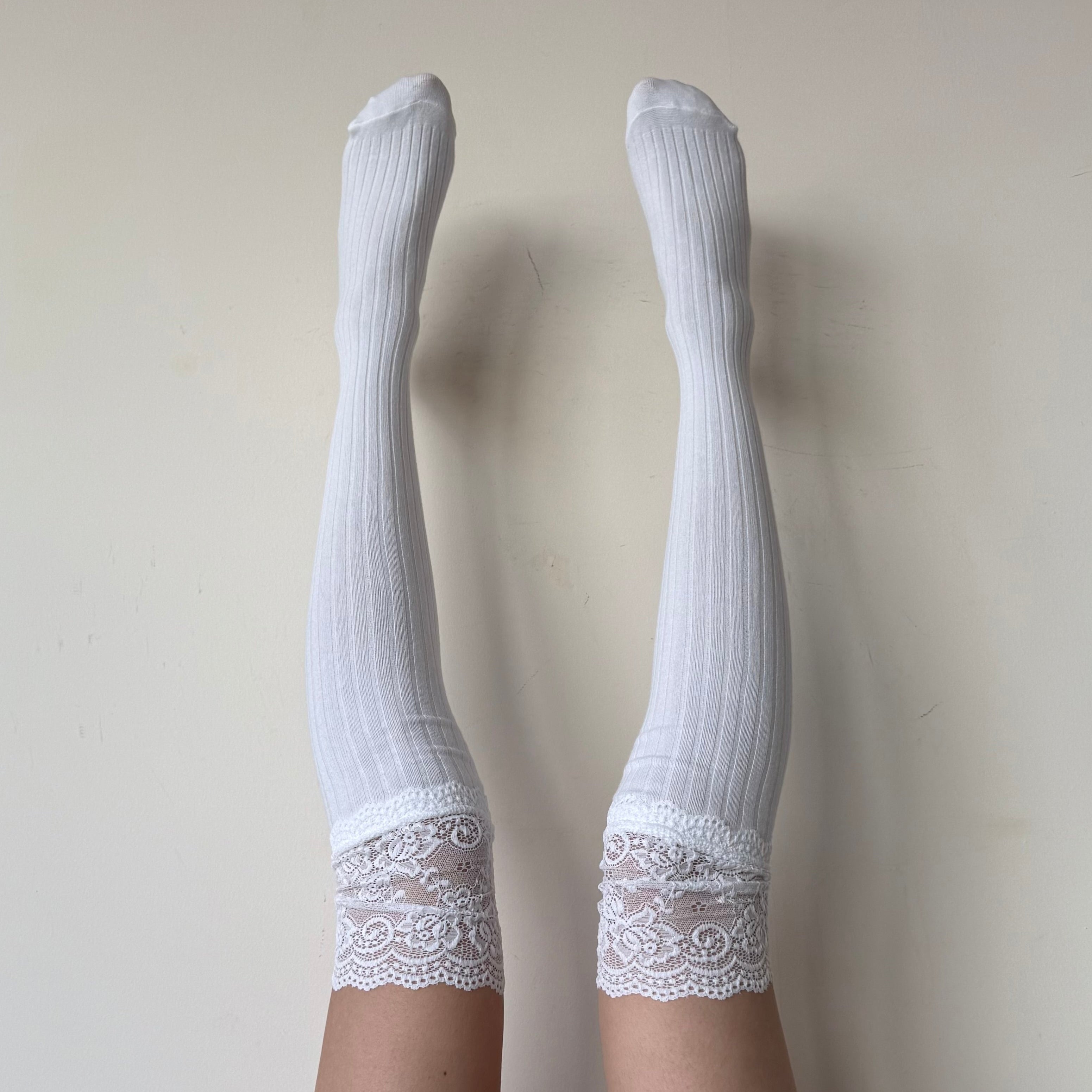 White Cotton Knee High Socks with Floral Lace Trim