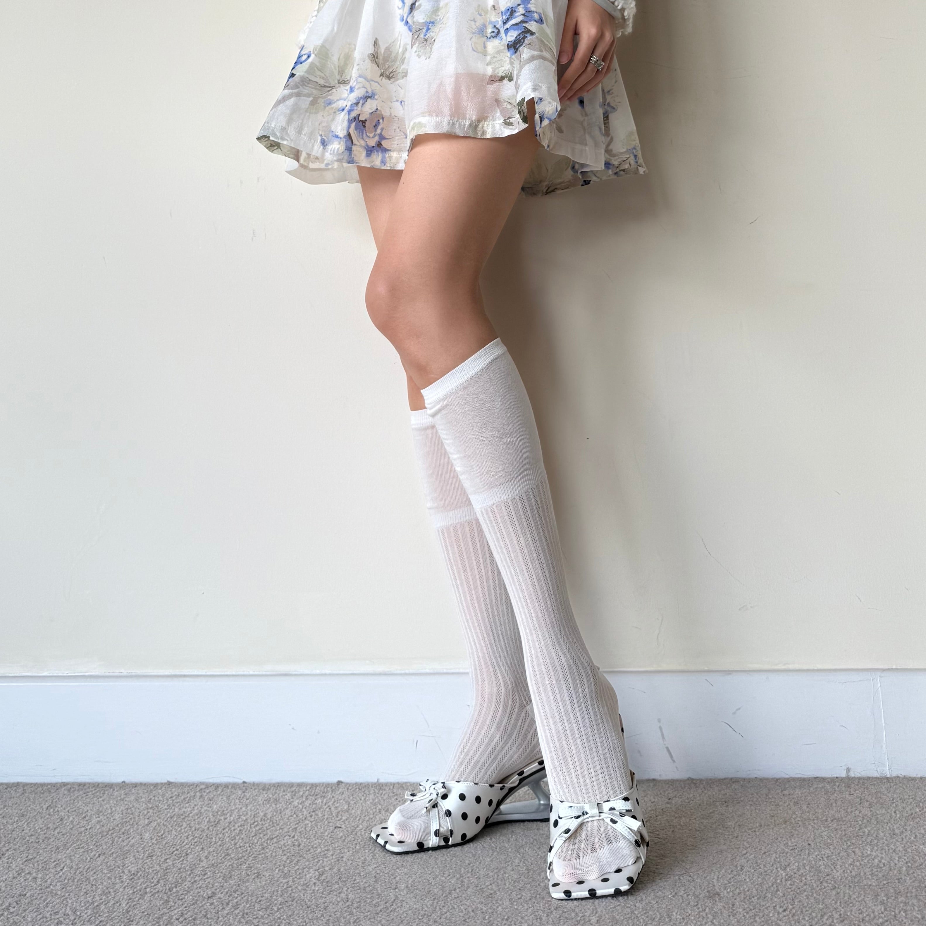 Cream White Ribbed Combed Cotton Knee-High Socks