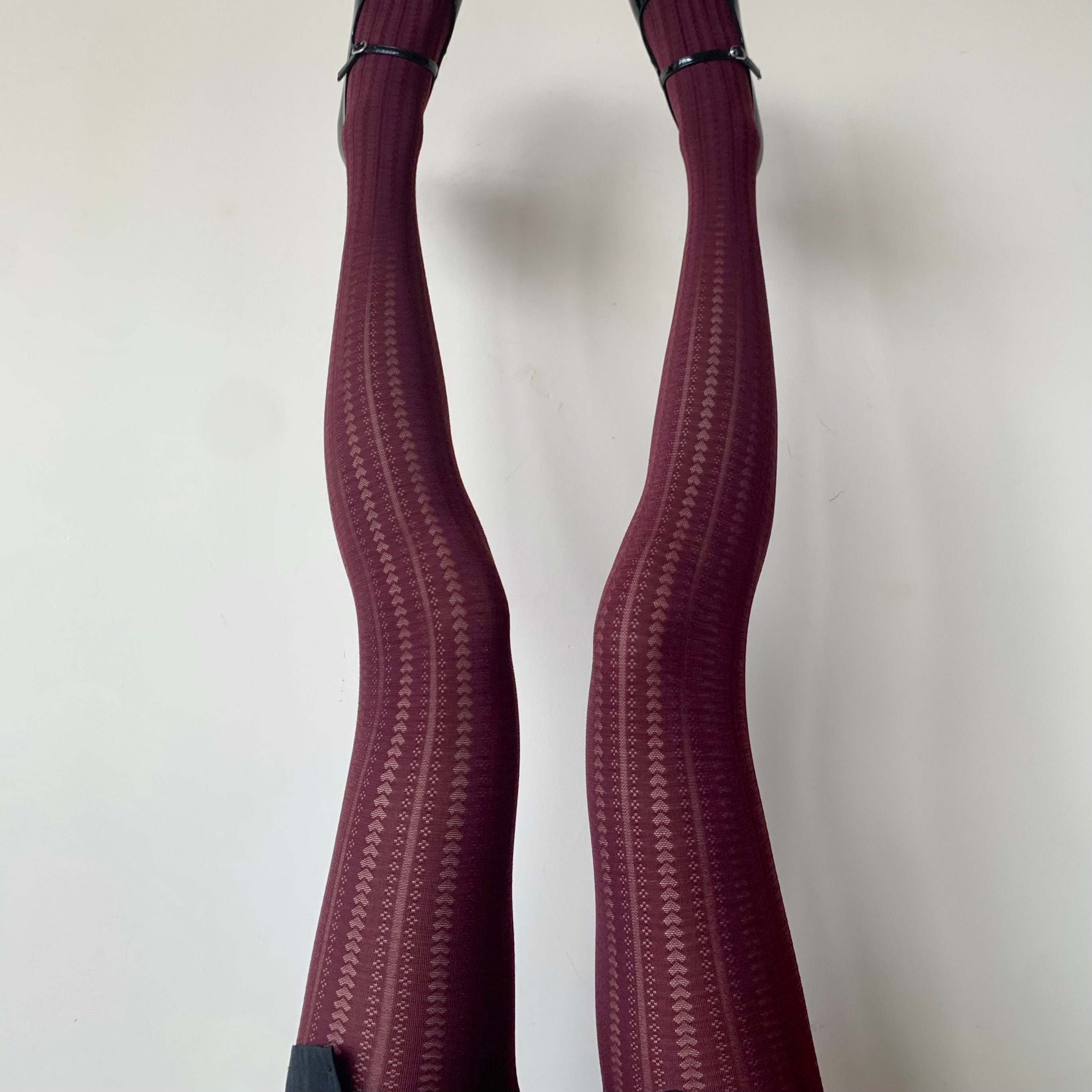 Burgundy Red Heart Striped Velvet Tights 70D
