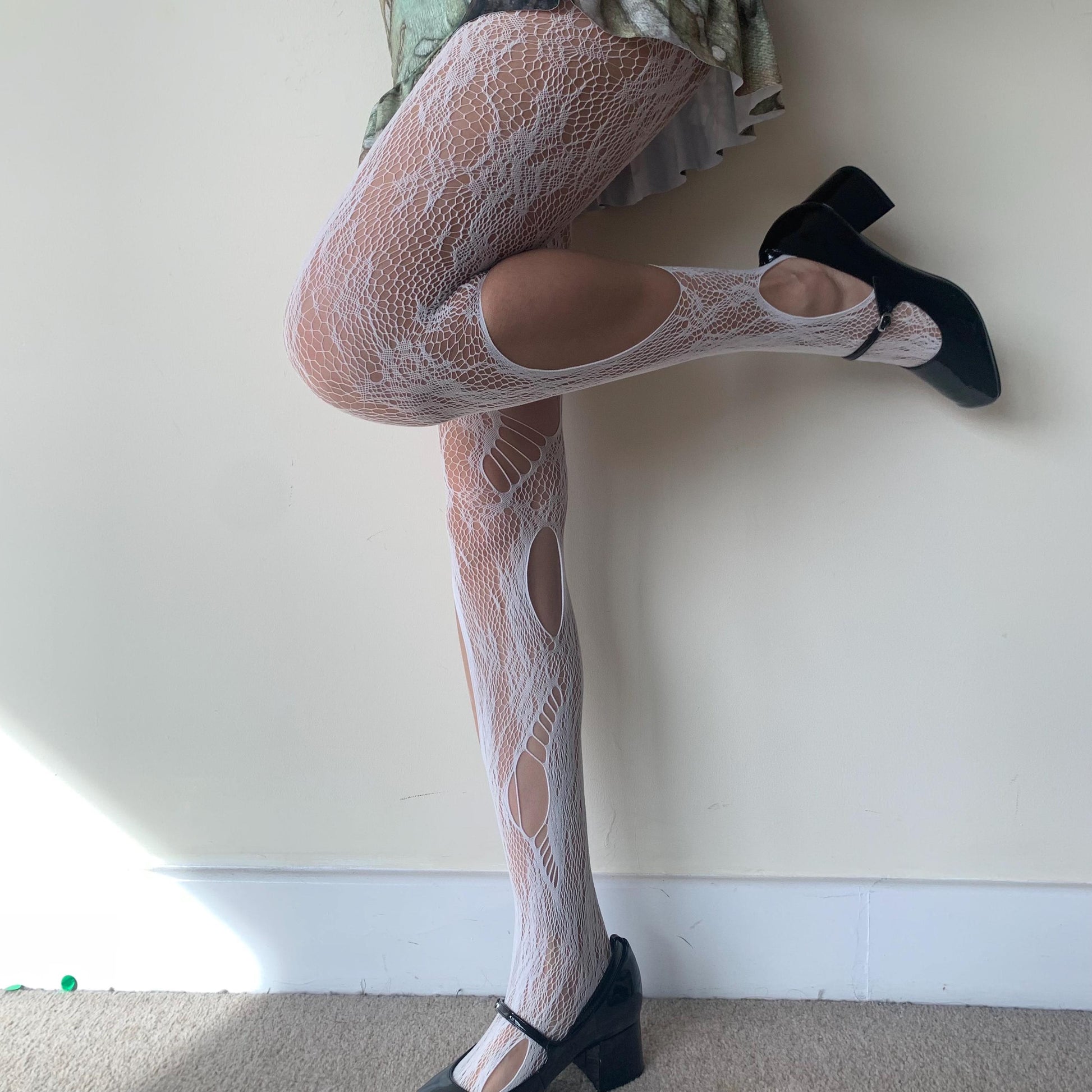 White Distressed Floral Fishnet Tights - tights