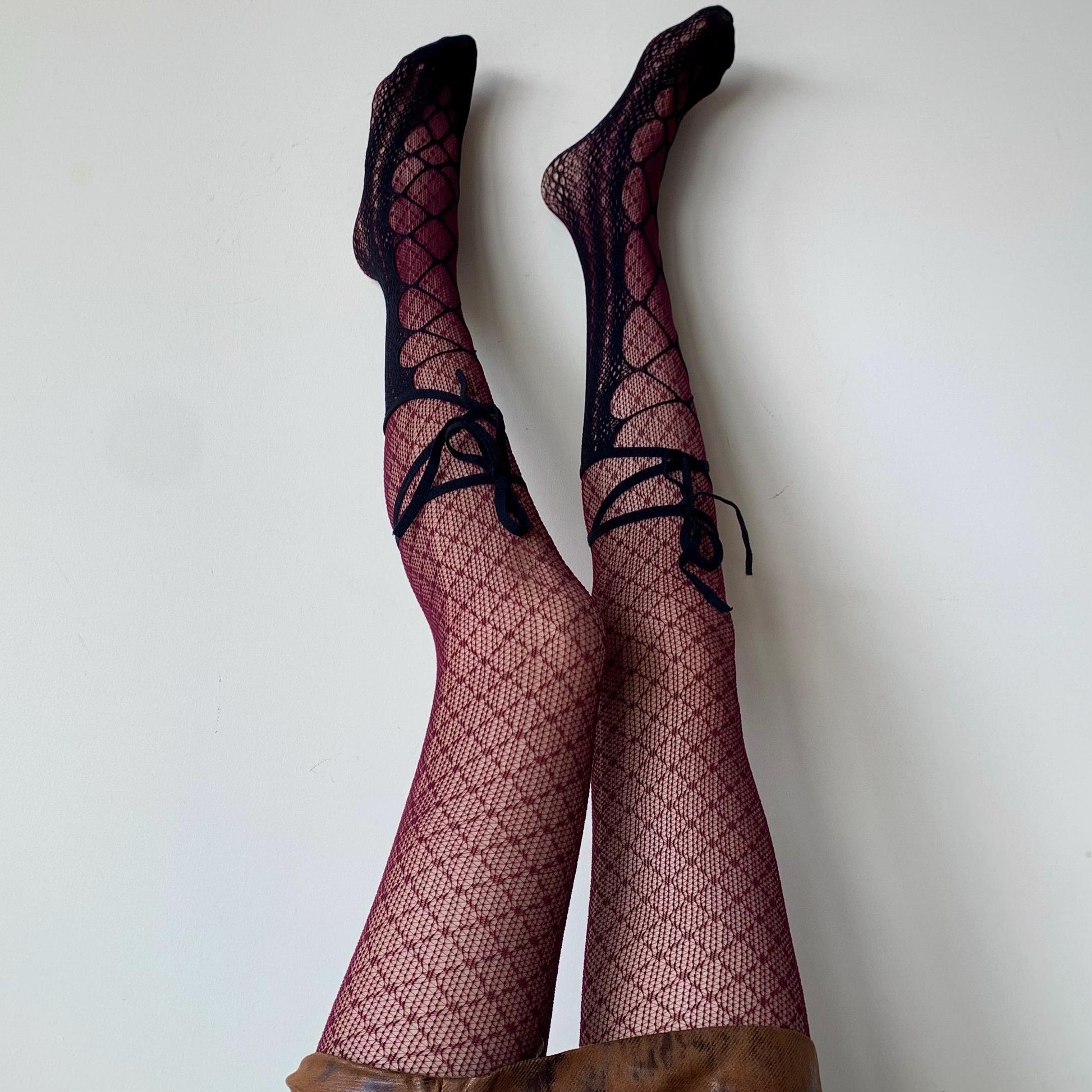 Black Lace-Up Fishnet Socks with Adjustable Ribbon Straps - socks
