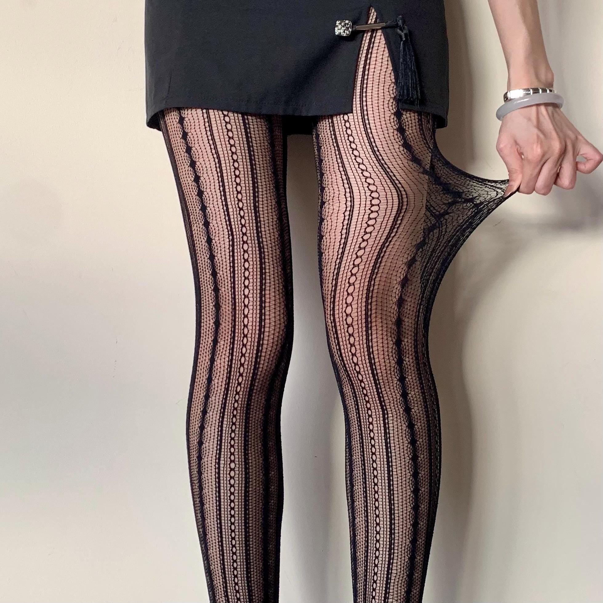 Black Geometric Striped Fishnet Tights