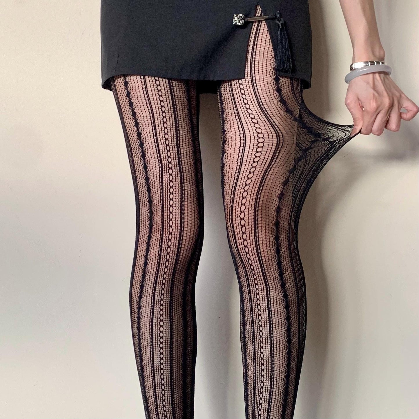 Black Geometric Striped Fishnet Tights