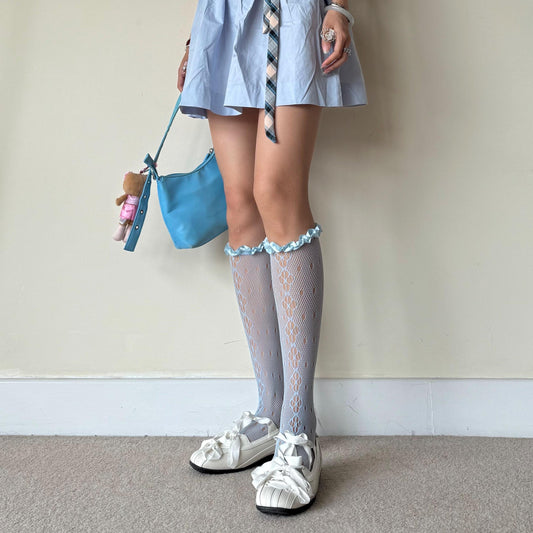 Blue Floral Knee High Frilled Socks with Satin Frill - socks