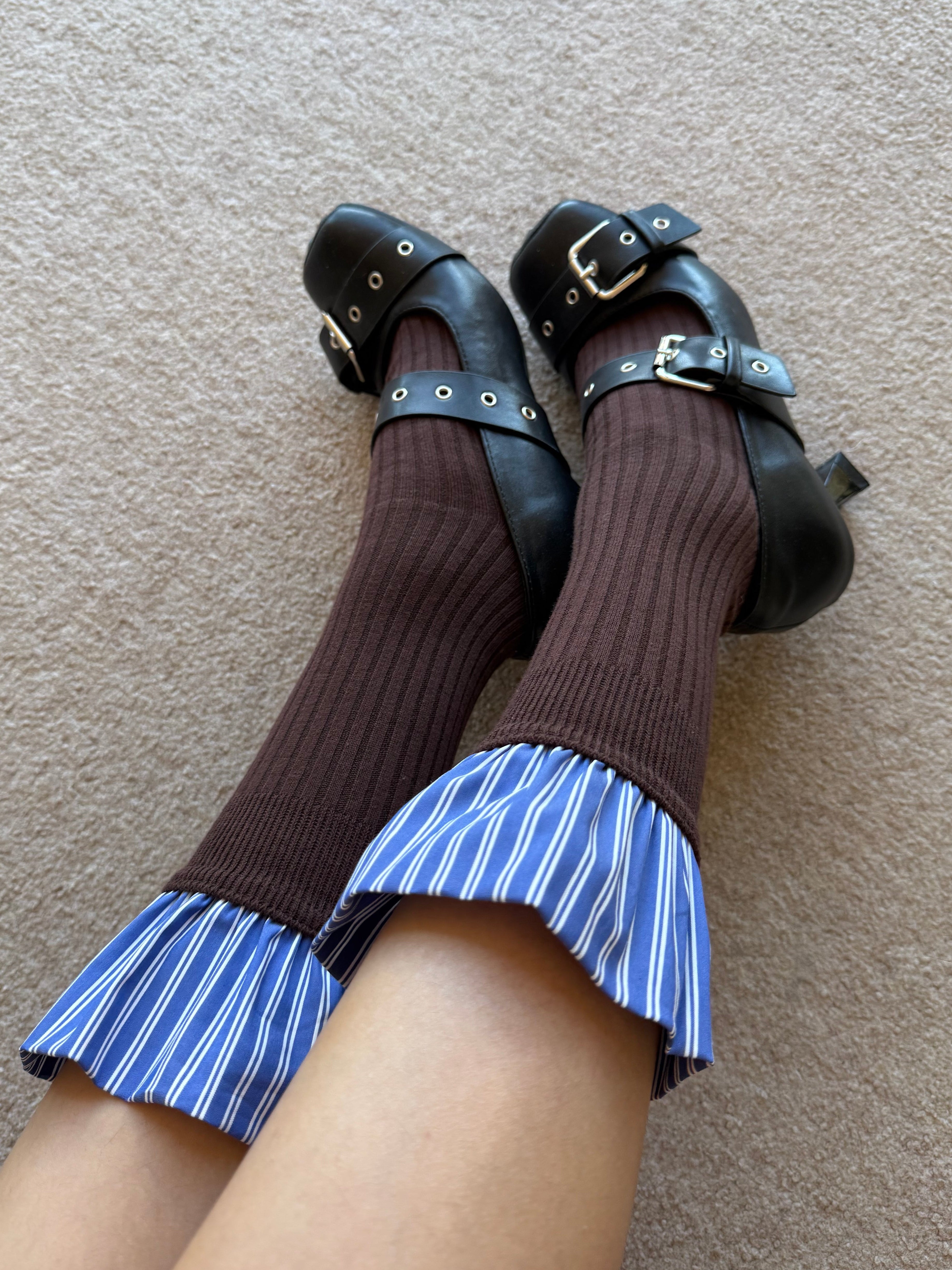 Chocolate Brown Ribbed Knee-High Socks with Blue Striped Ruffle Cuff