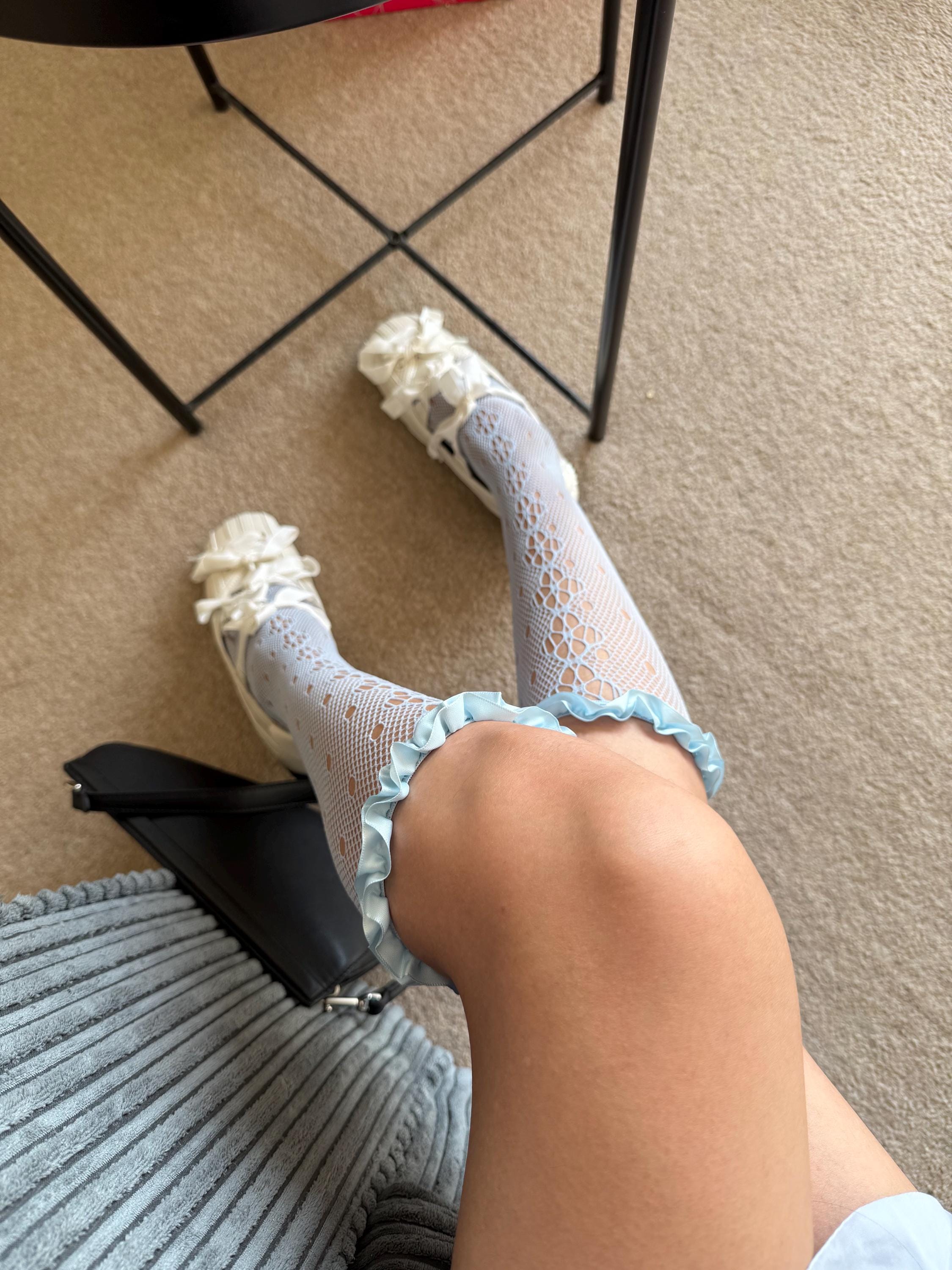 Blue Floral Knee High Frilled Socks with Satin Frill - socks