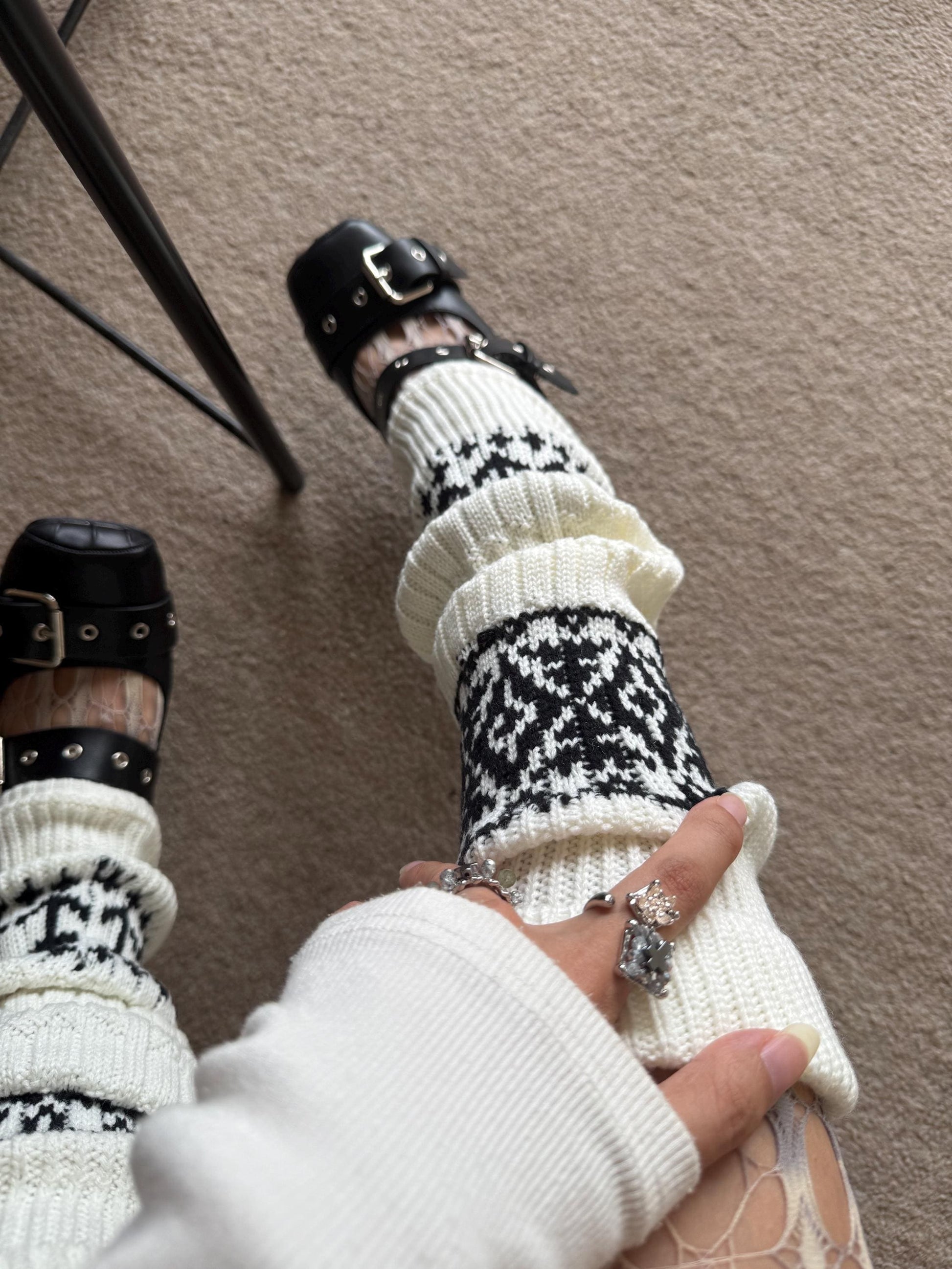 White Fair Isle Wool Knit Leg Warmers