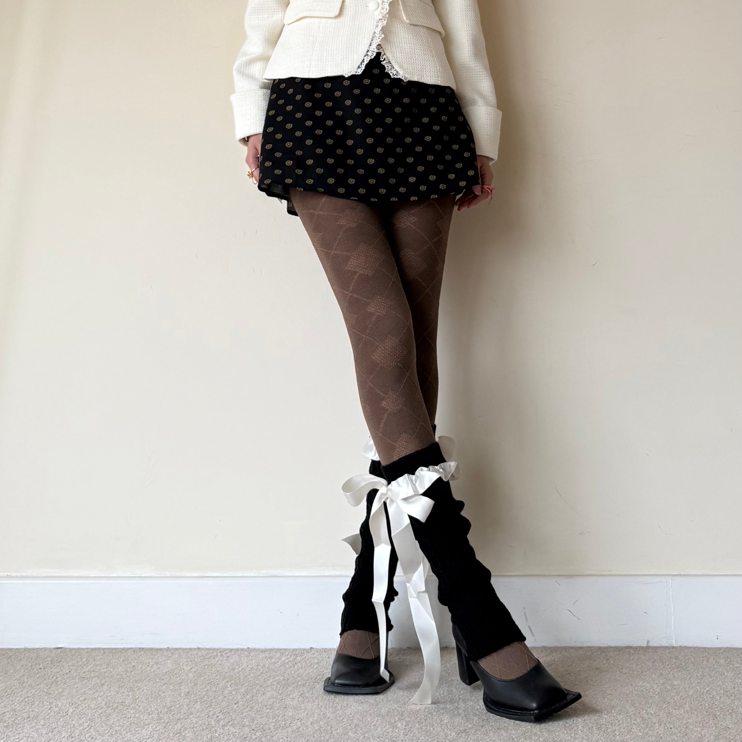 Black Knit-Style Leg Warmers with White Lace Frill & Bow Ribbon