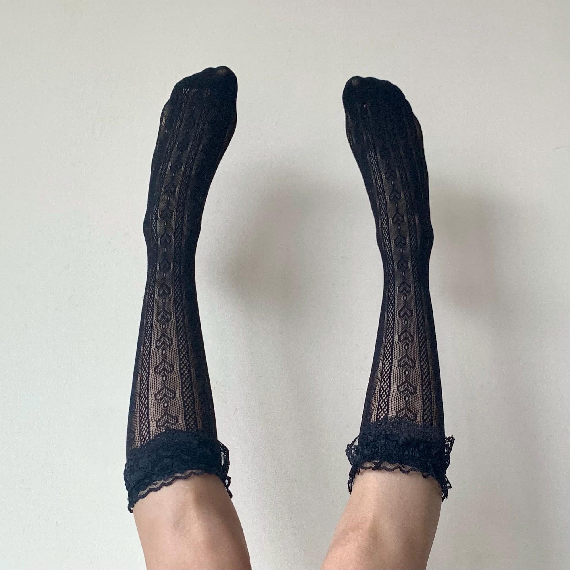 Black Heart Striped Fishnet Knee-High Socks with Frilled Trim - socks